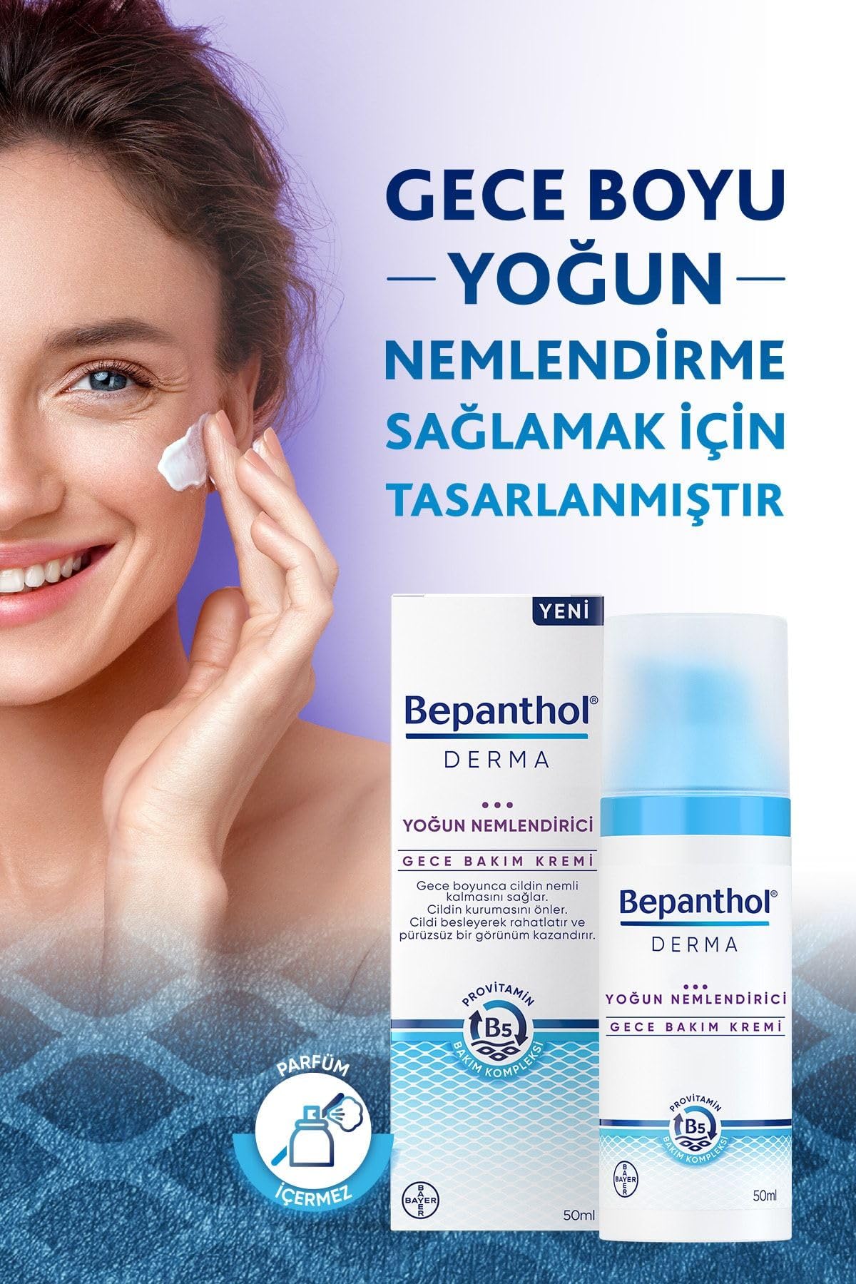 Utilisation nocturne en soirée avec la Crème Nuit Bepanthol Derma.