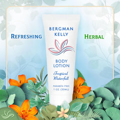 Hôte utilisant la lotion Bergman Kelly dans la salle de bain d hôtel.