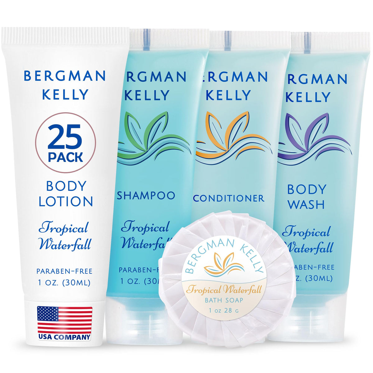 BERGMAN KELLY Savons hôtel miniatures Tropical Waterfall, 1 oz, expérience client douce et rafraîchissante.