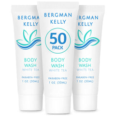 BERGMAN KELLY travel-size body wash in a foil-sealed tube for hotels
