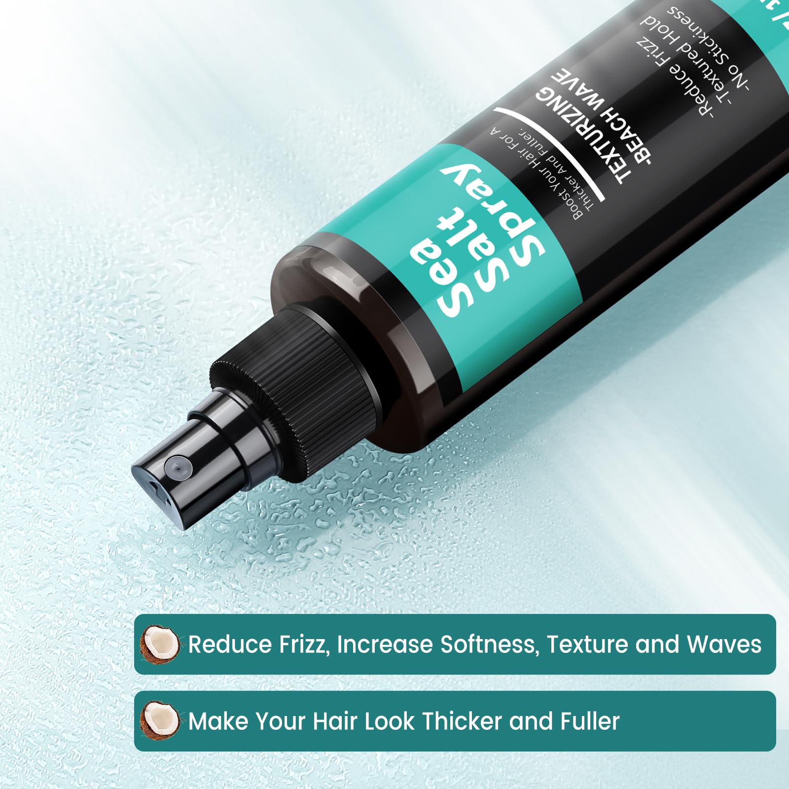 Berlaney Spray Sel Marin – démonstration d'application sur cheveux mouillés pour texture accrue.