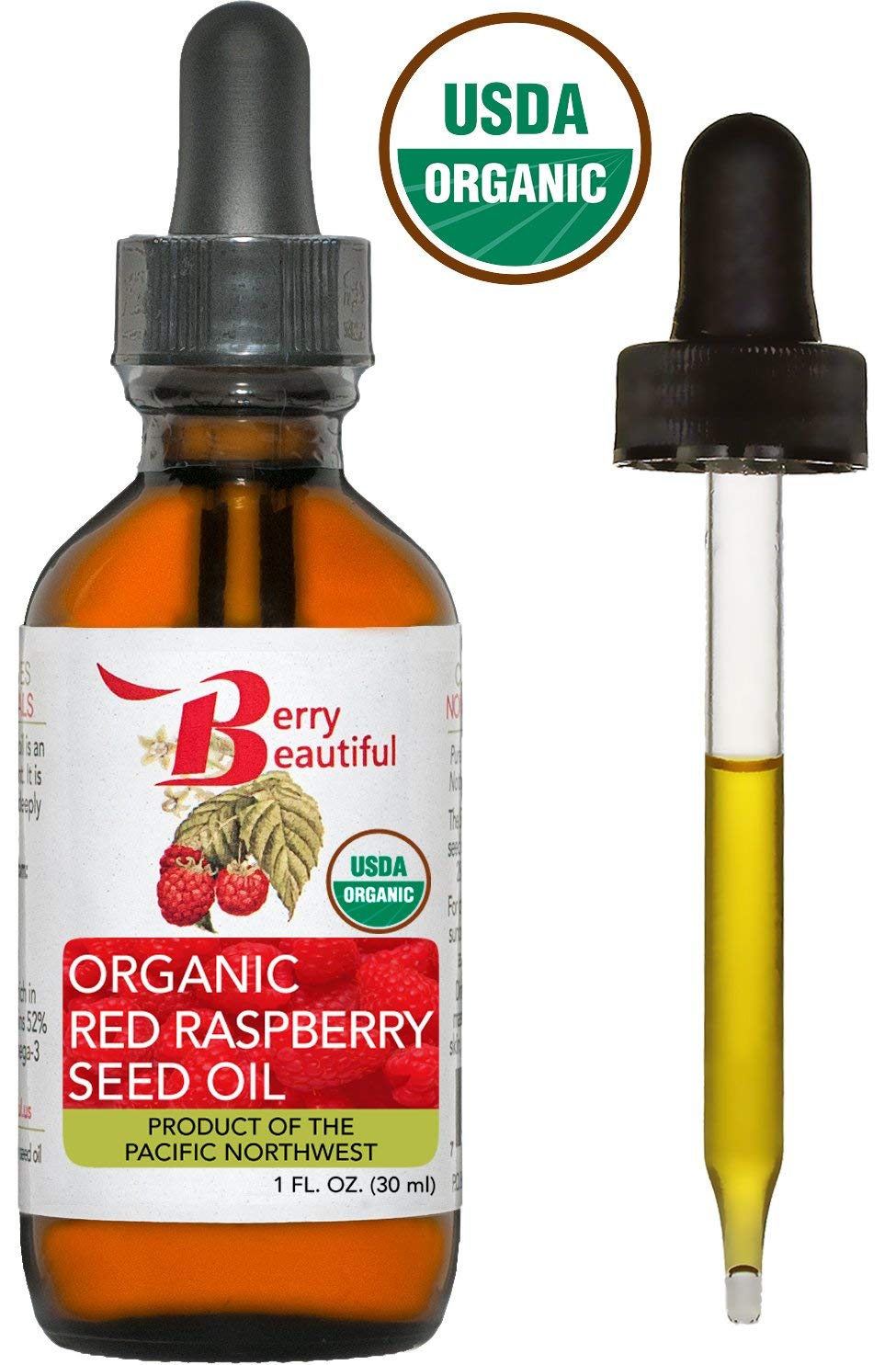 Berry Beautiful organic label raspberry oil highlights organic sourcing and cold-pressed method.