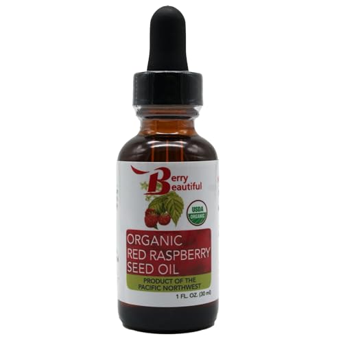 Berry Beautiful raspberry seed oil dropper shows easy application and premium quality.