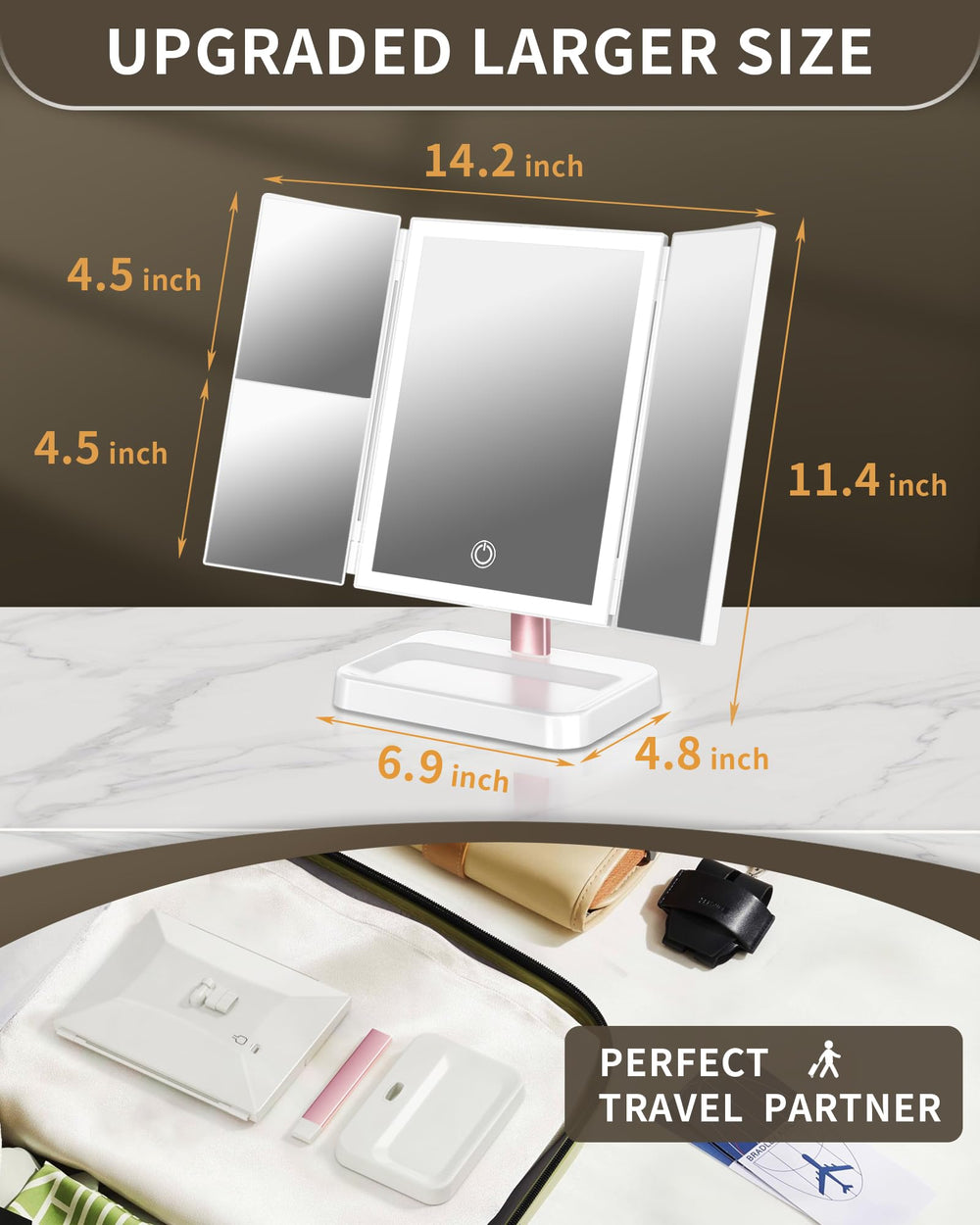 BERTHALESS Miroir rechargeable 2400mAh avec USB pour usage nomade.