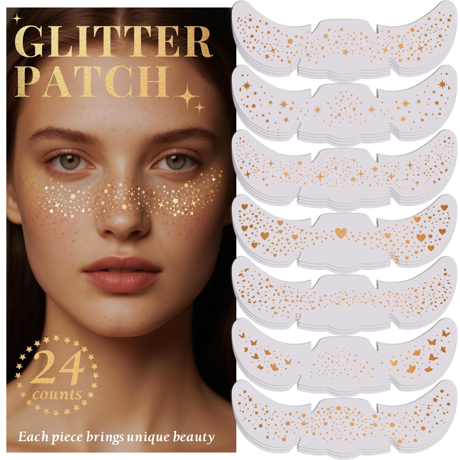 Patch BESNEL taches de rousseur scintillantes dorées, look festif durable.