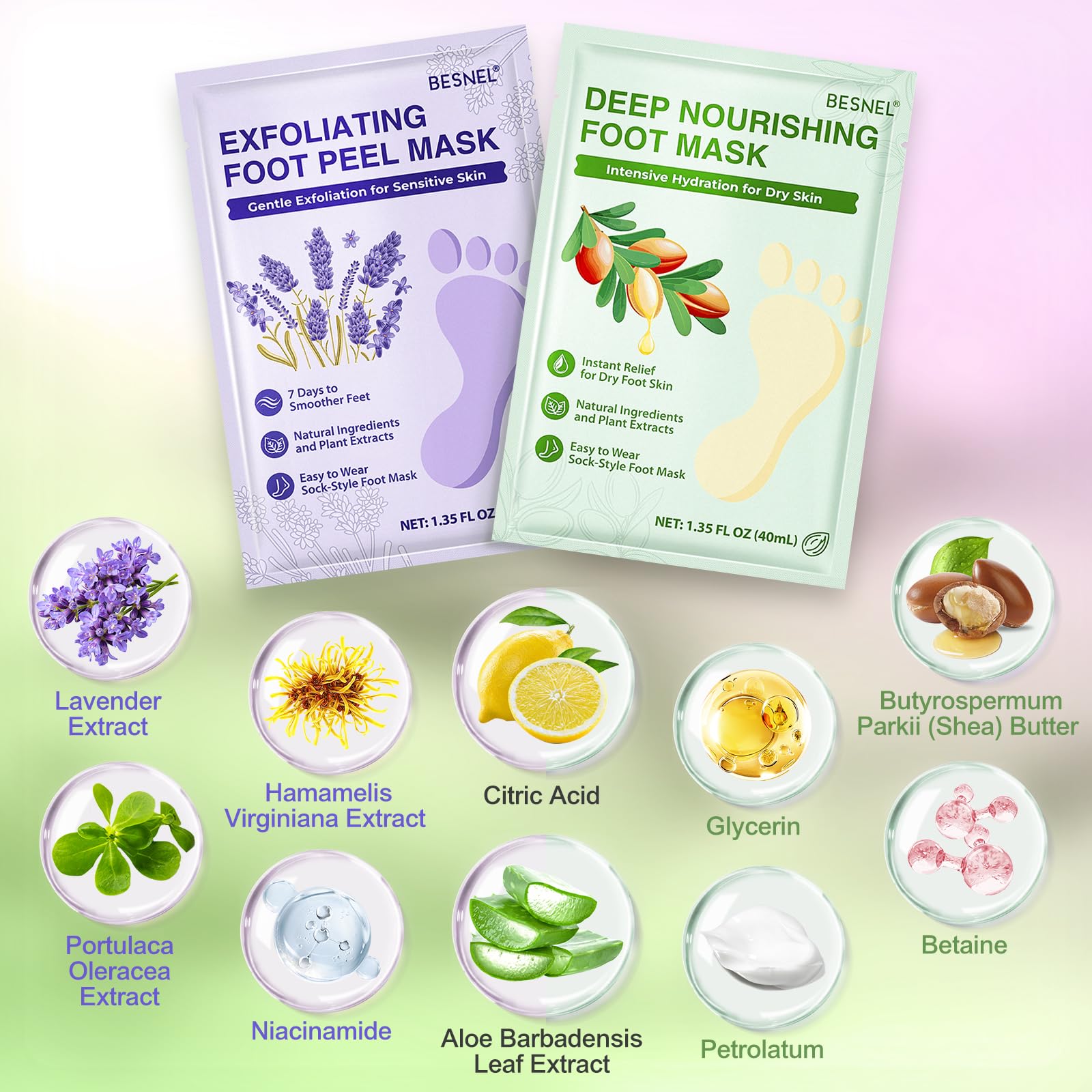 BESNEL composants: aloe vera, lavande et hyaluronique 4D pour les pieds.