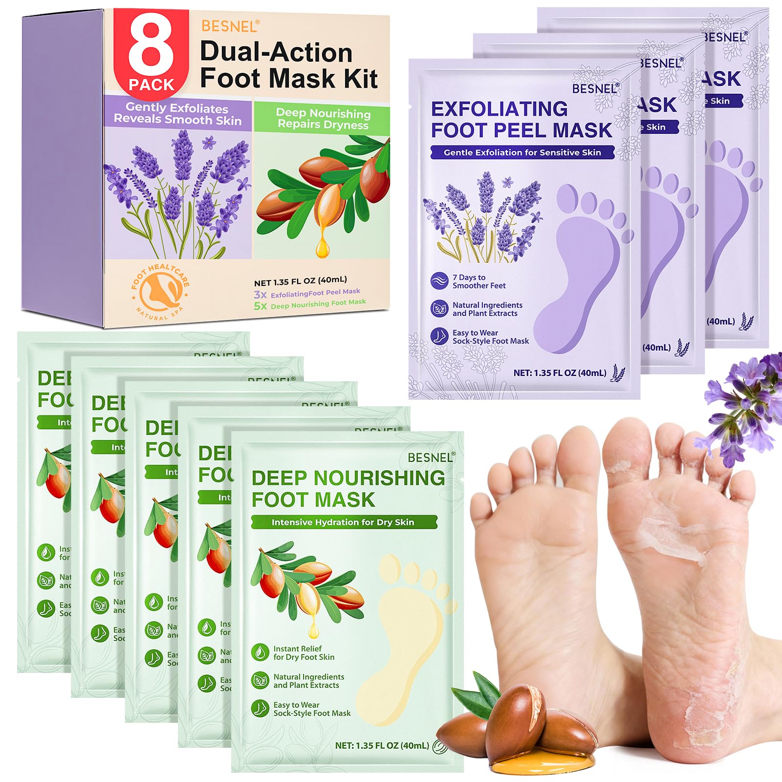 BESNEL pieds exfoliant: masque pieds 3 pièces pour éliminer les peaux mortes.