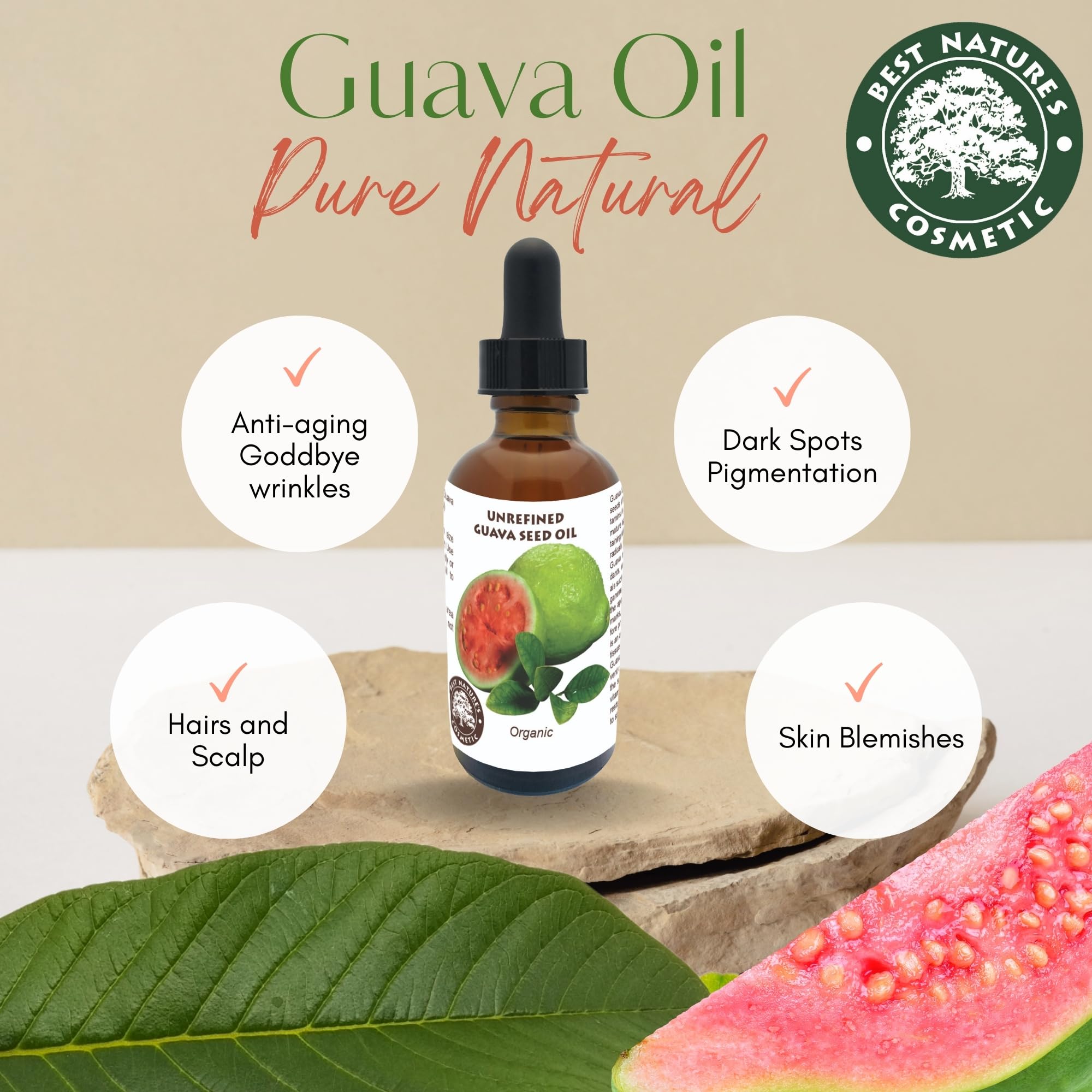 Best Nature's Cosmetics – Ingrédients naturels d'huile de goyave, hydratation polyvalente.