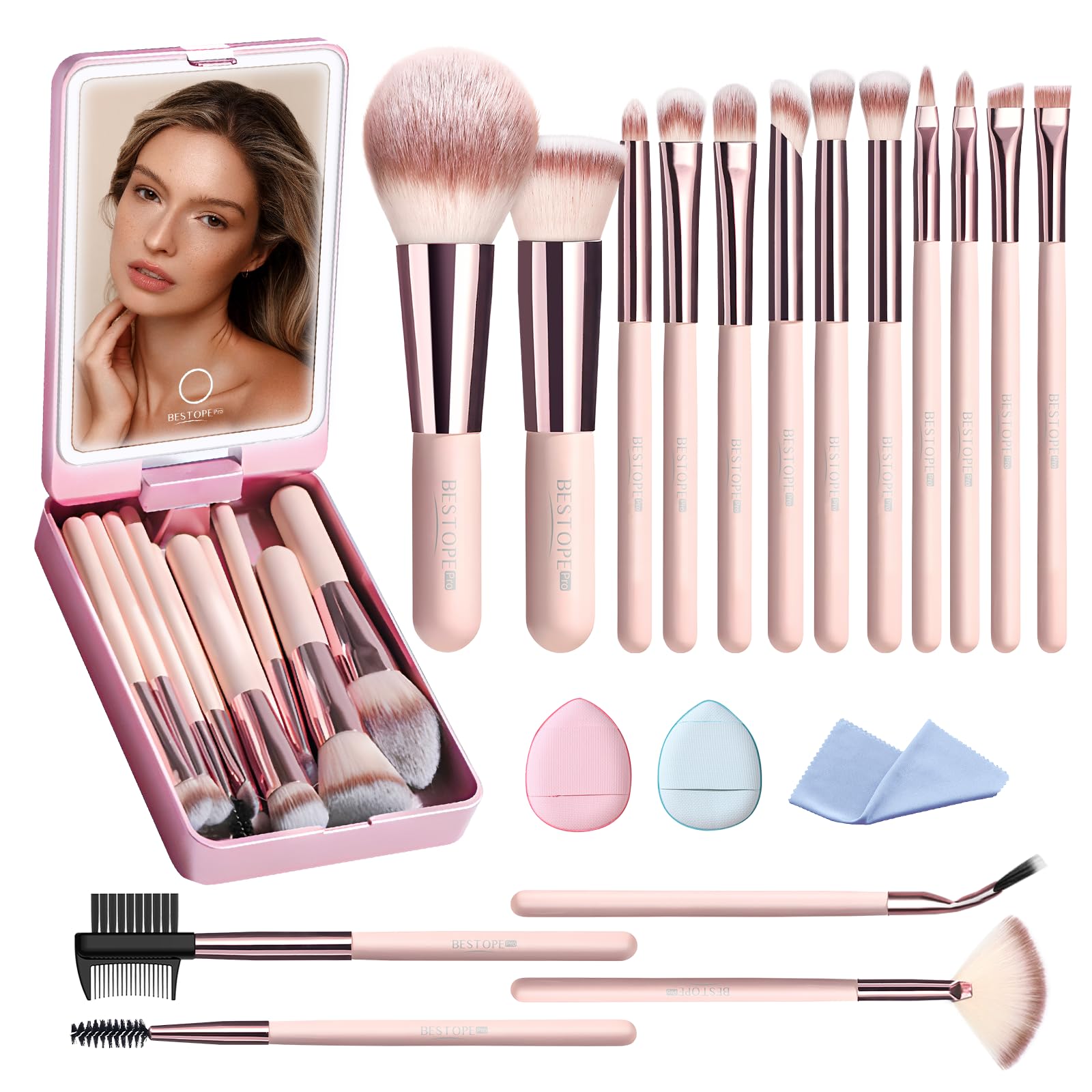 BESTOPE PRO set pinceaux maquillage 20 pièces avec étui et miroir LED pour voyage pratique