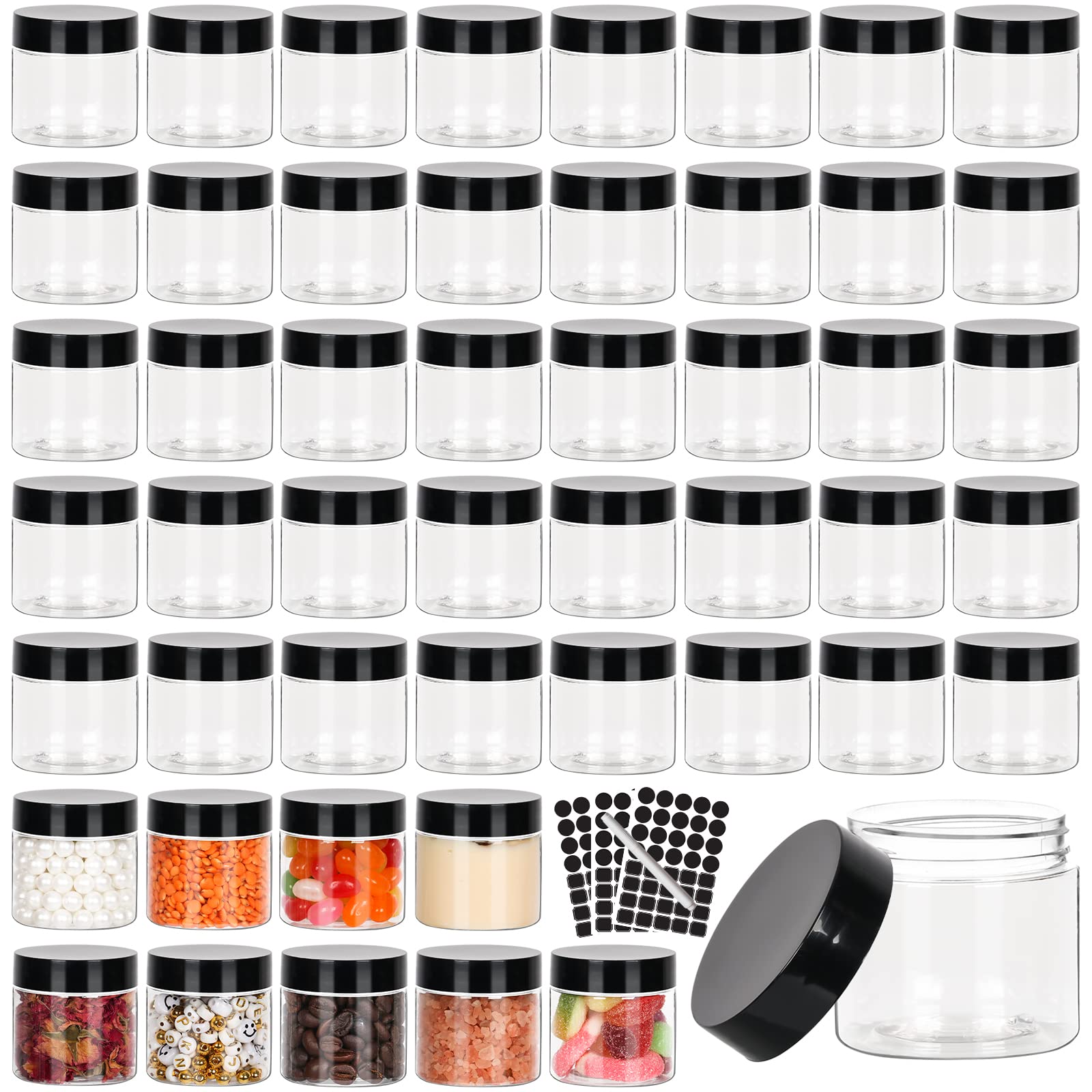 Betrome bocaux ronds transparents 60 ml avec bouchon noir pour le rangement cosmétique.