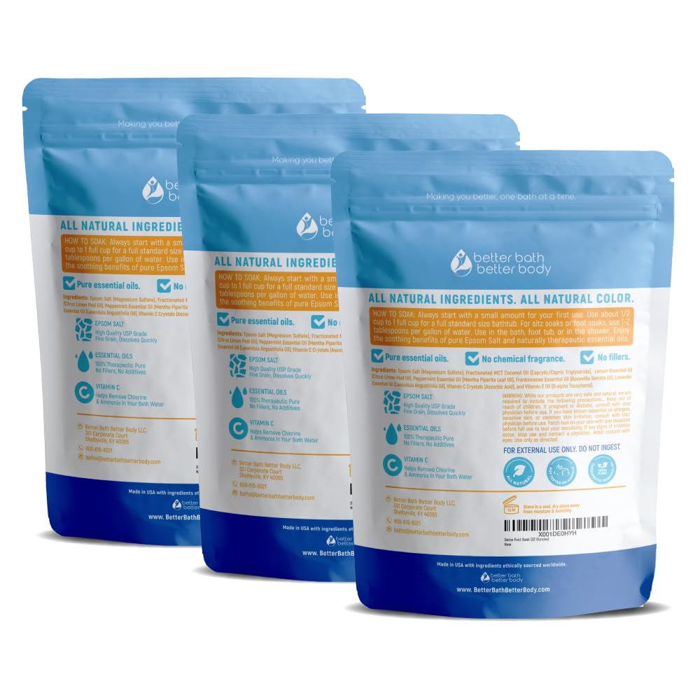 Sels d'Epsom Better Bath Better Body, texture relaxante pour pieds fatigués.