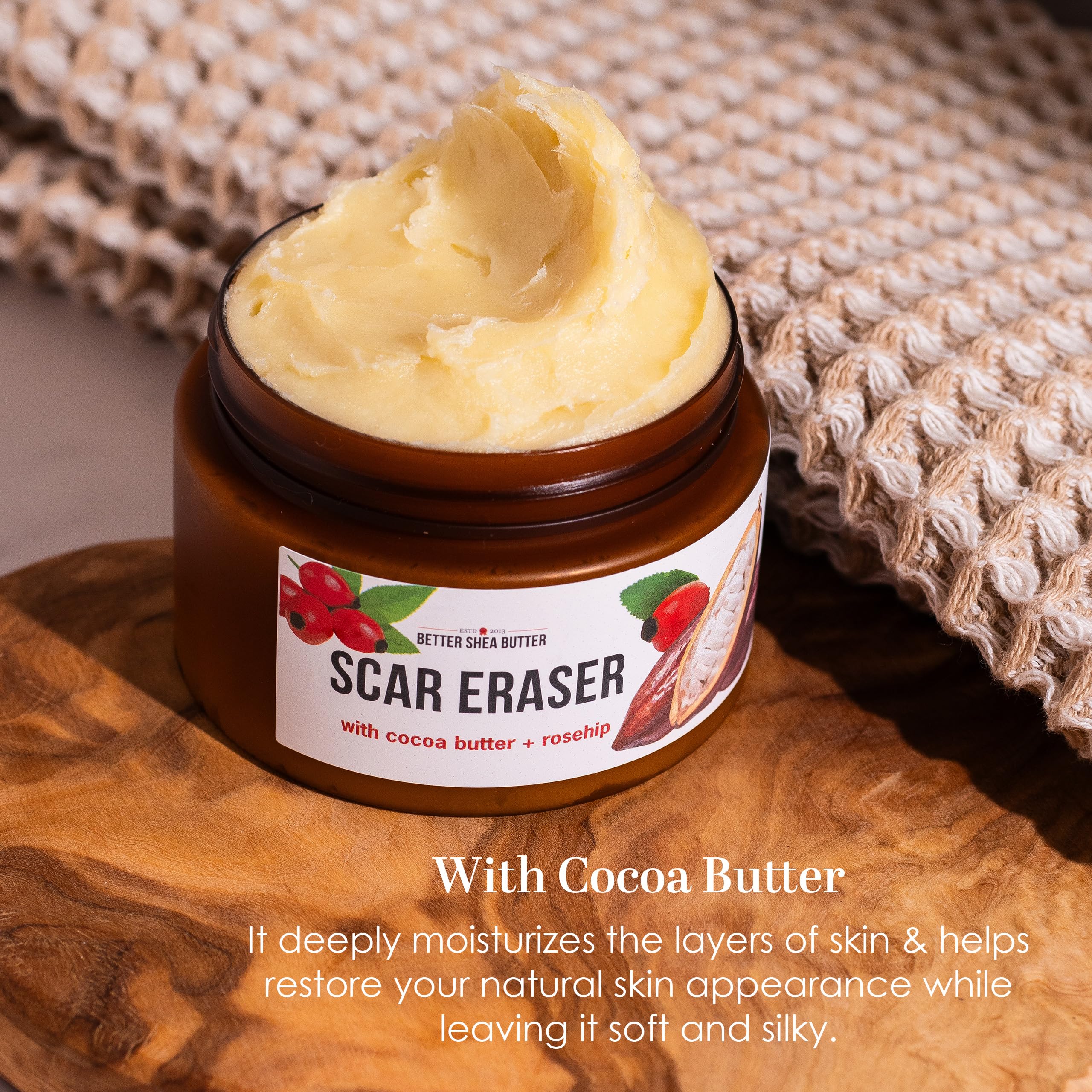 Better Shea Butter Scar Eraser Balm, application ciblée sur les cicatrices et taches.