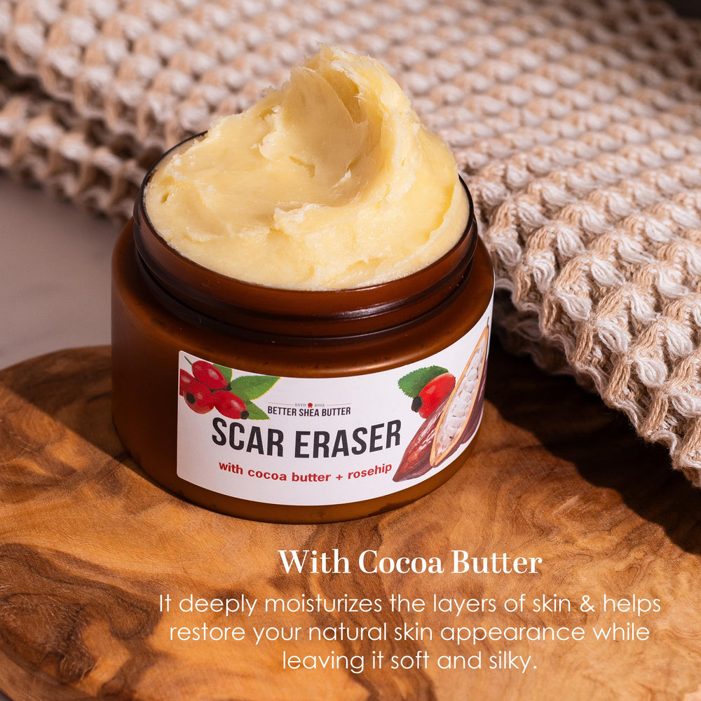 Better Shea Butter Scar Eraser Balm, application ciblée sur les cicatrices et taches.