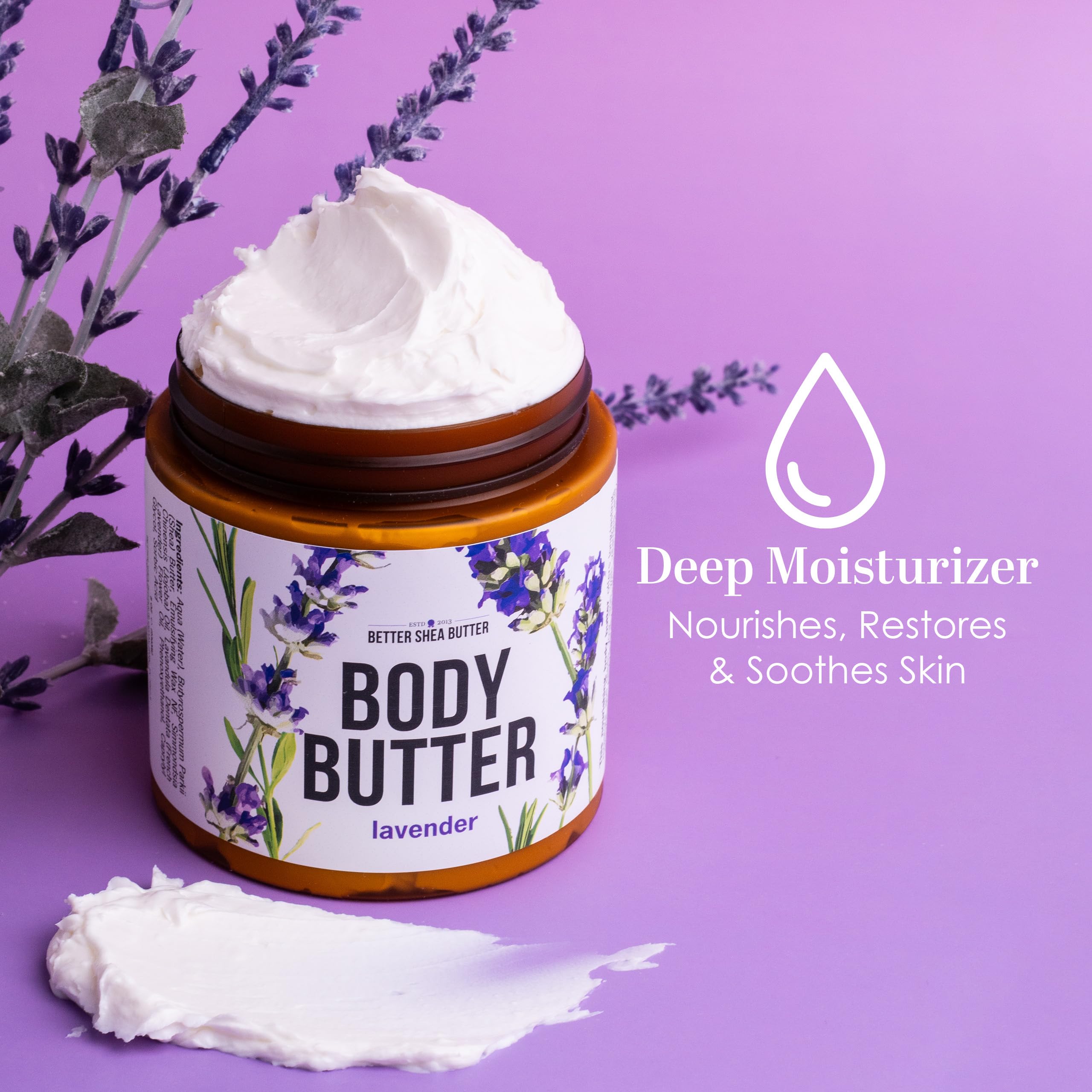 Better Shea Butter Beurre-Corps Lavande Usage Quotidien, peau douce et hydratée.