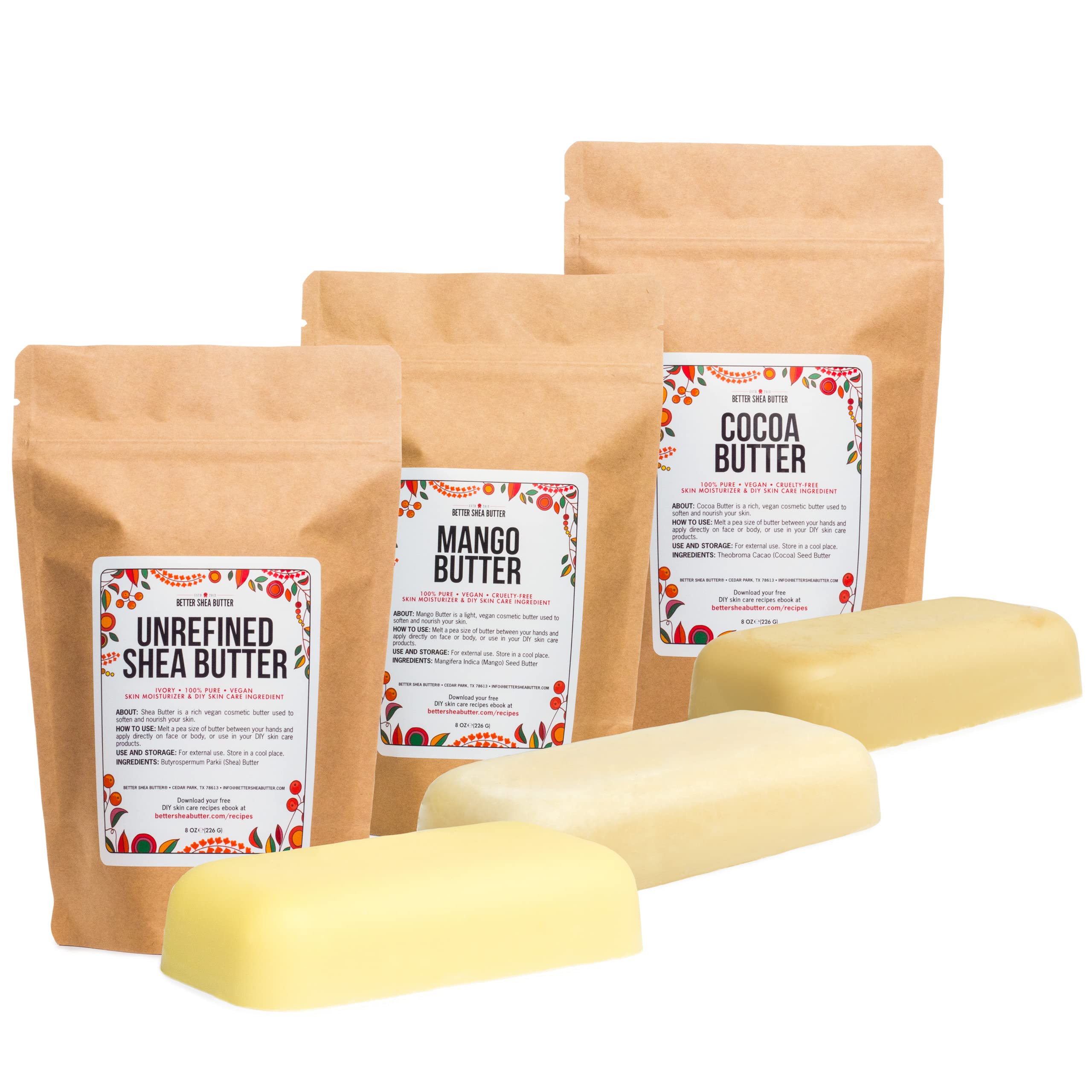 Better Shea Butter : trio de beurres bruts, parfait pour soins maison.
