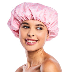 Bonnet douche Betty Dain réversible en nylon rose dentelle, protège les coiffures.
