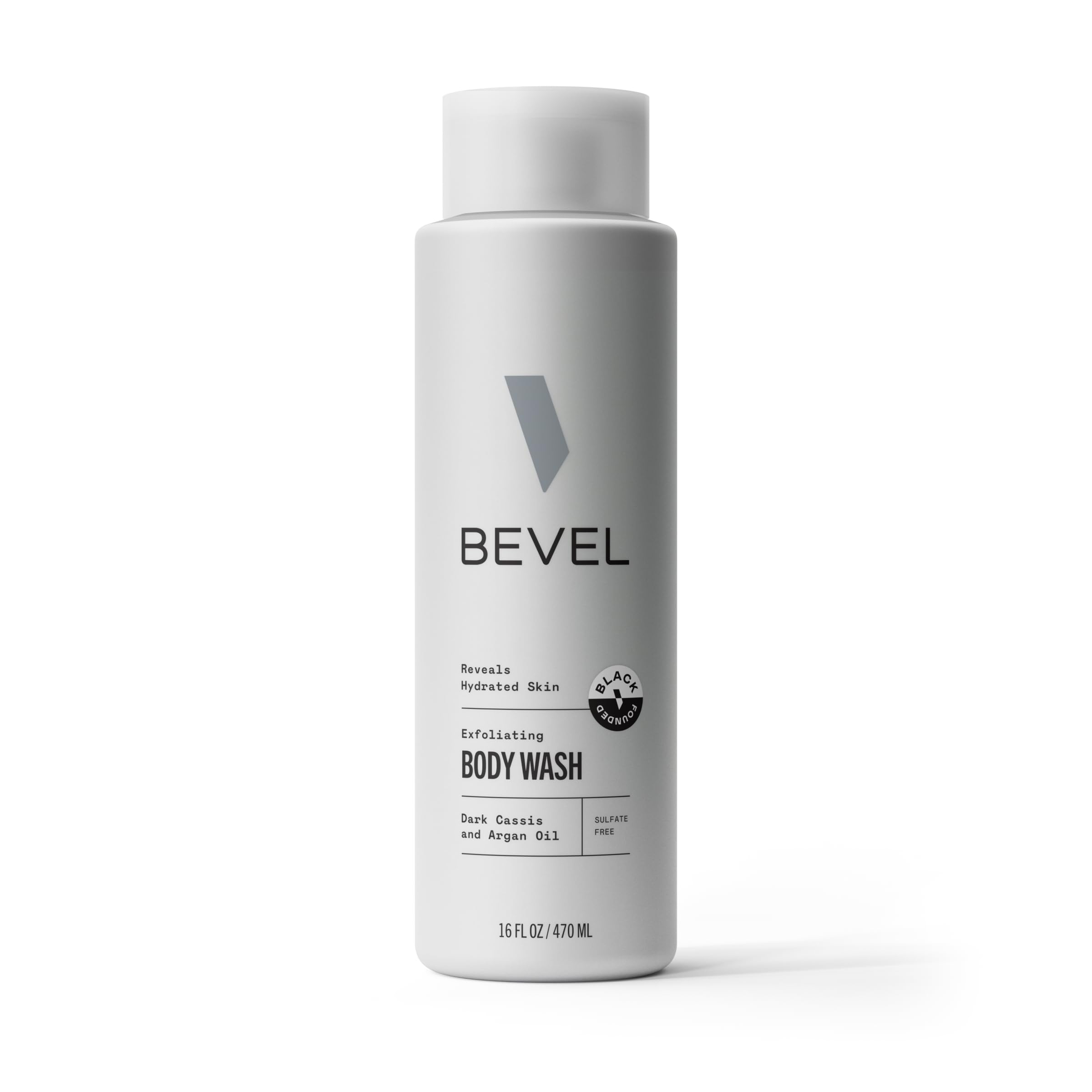Bevel Exfoliant douche, bouteille noir cassis, exfolie en douceur et hydrate après la douche.