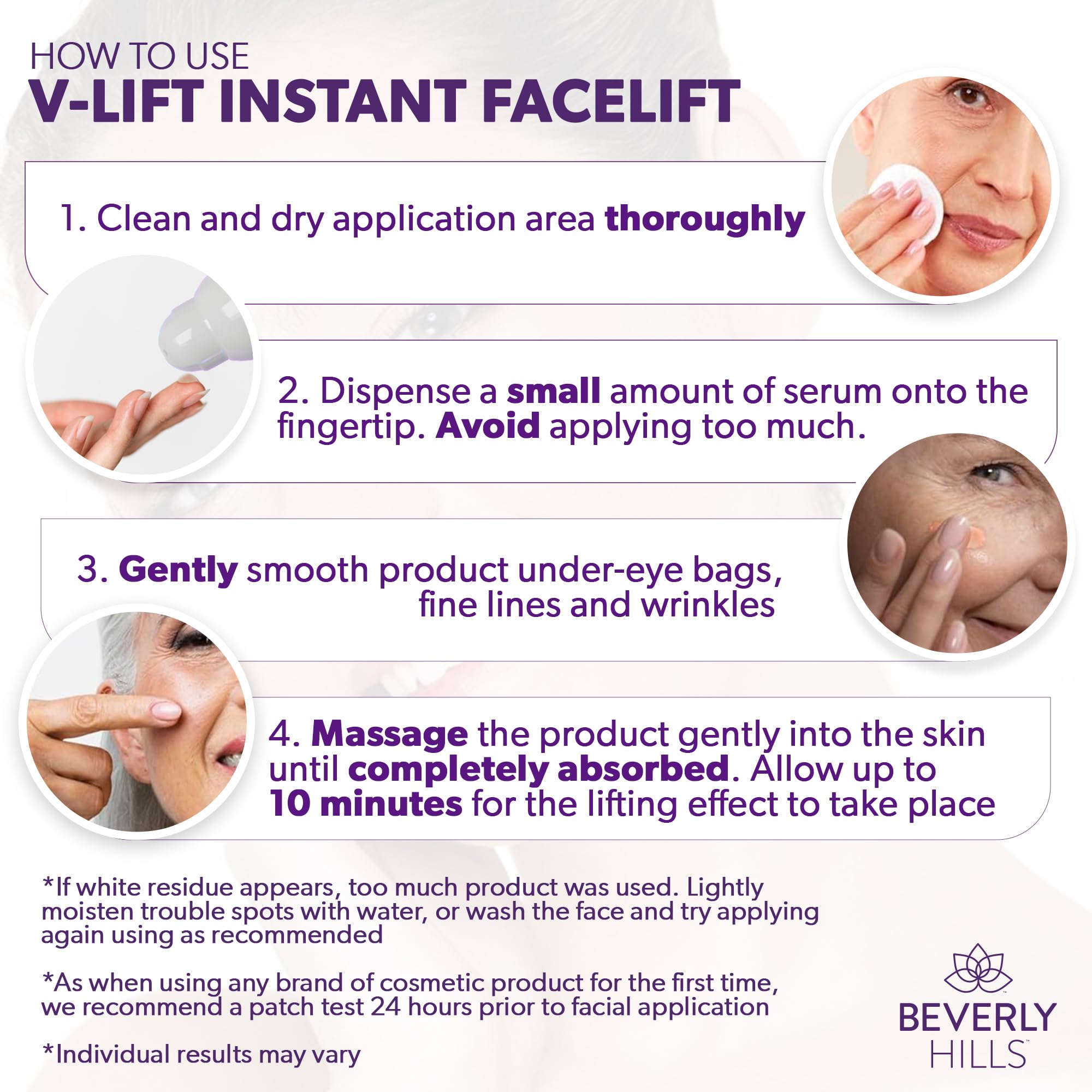 Effet rapide possible en 90 secondes autour des yeux avec Beverly Hills V-Lift.