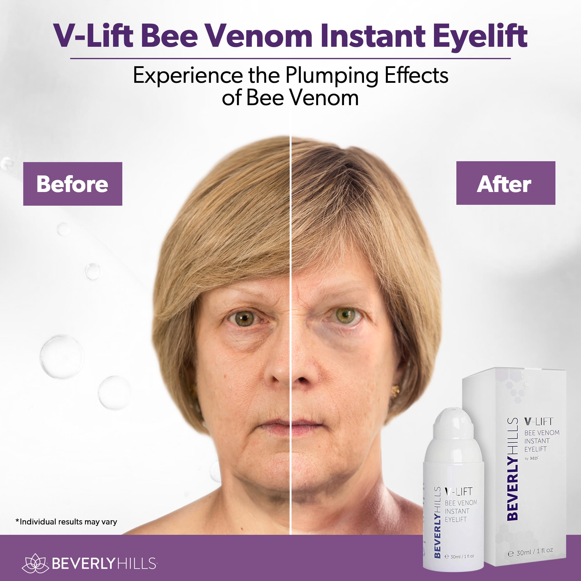 Rituel quotidien avec Beverly Hills V-Lift, application simple autour des yeux.