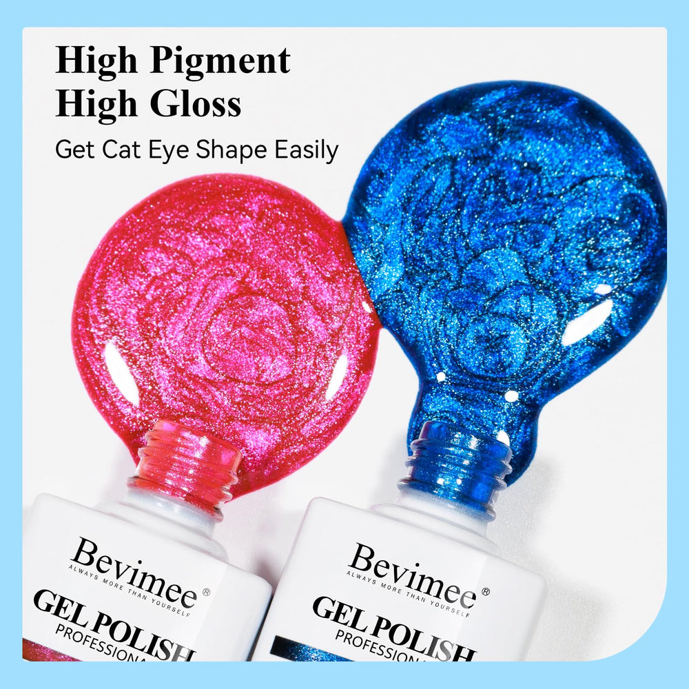 Bevimee Neon Cat Eye color swatches display bold reds, pinks, blues and silver