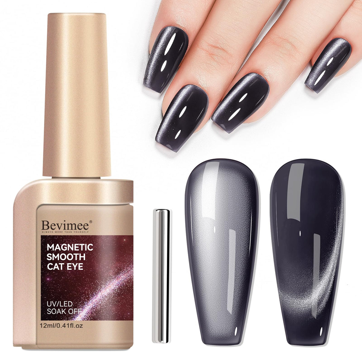 Bevimee Vernis Gel Œil-Chat : lueur lunaire, flacon élégant et couleur sombre.