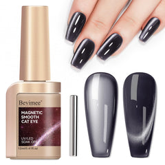 Bevimee Vernis Gel Œil-Chat : lueur lunaire, flacon élégant et couleur sombre.