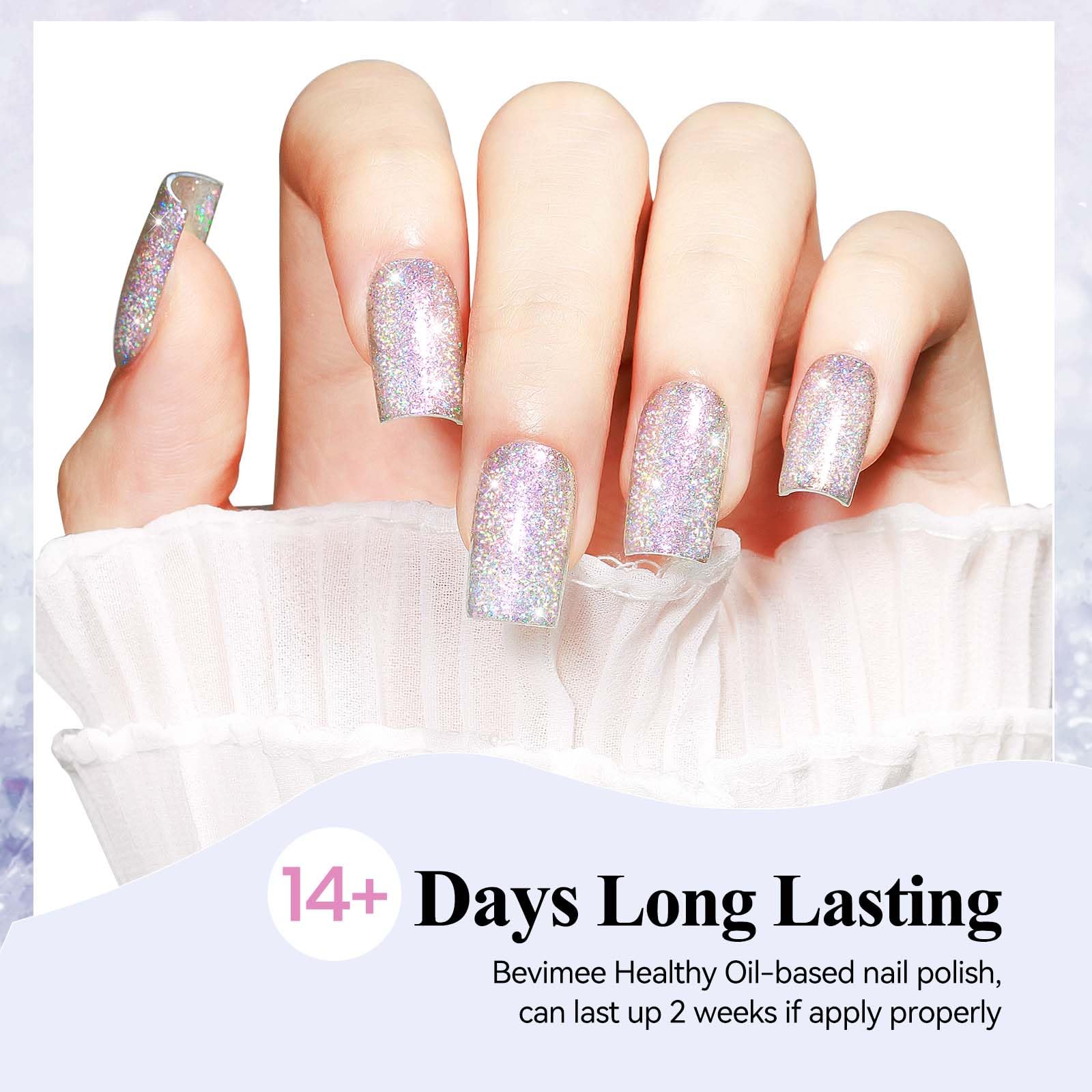 Bevimee Vernis Glitter Argent – échantillon avant/après montrant l effet irisé