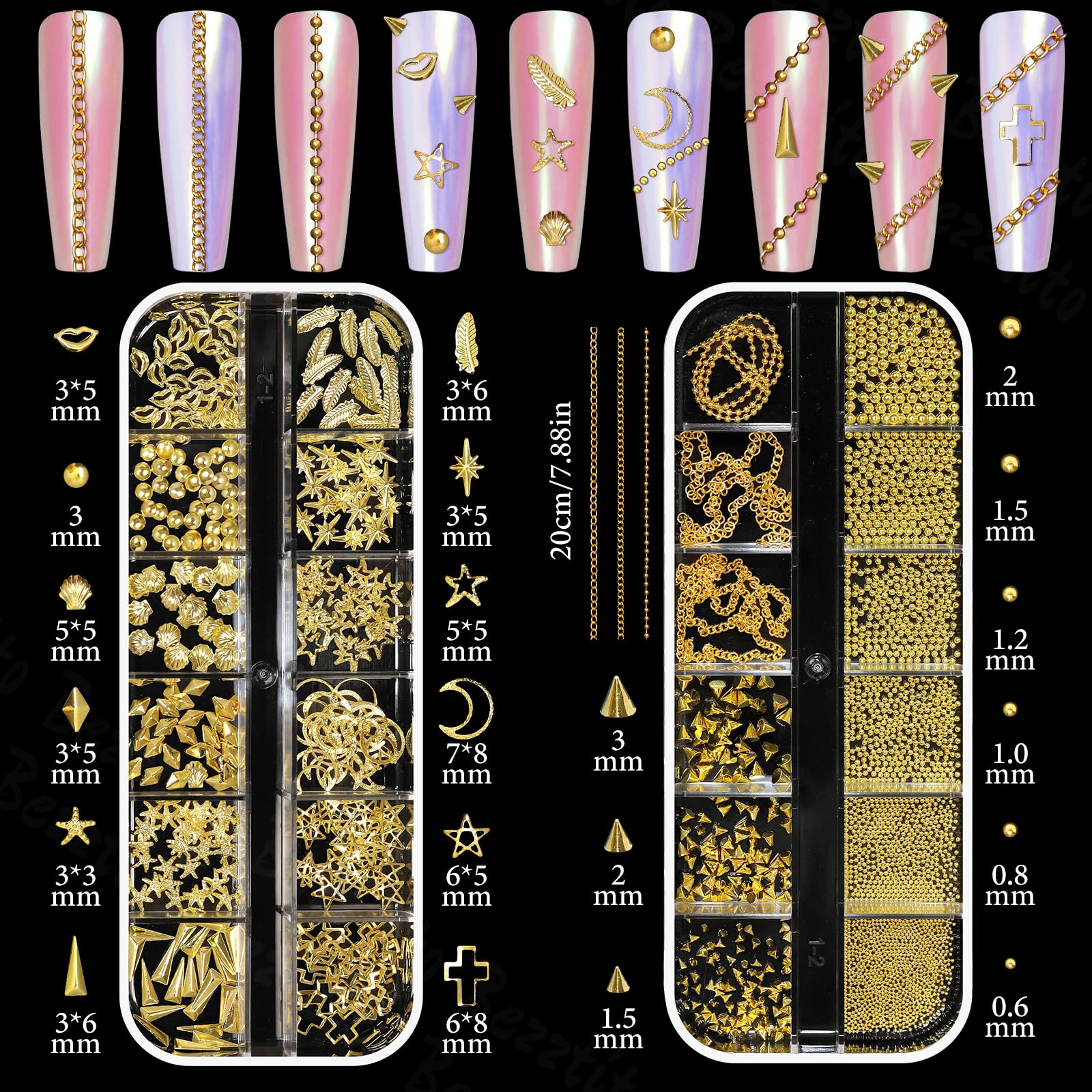Bezztito: broches dorées et pendentifs pour ongles faciles à coordonner et stylisés.