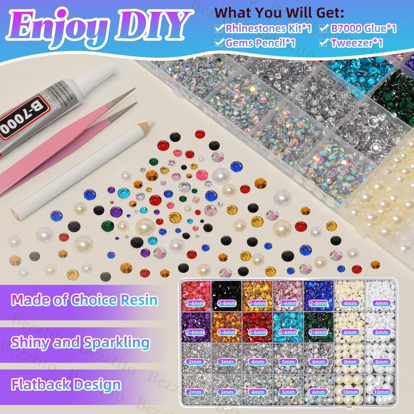 Bezztito colorful rhinestones in mixed sizes for versatile DIY projects.