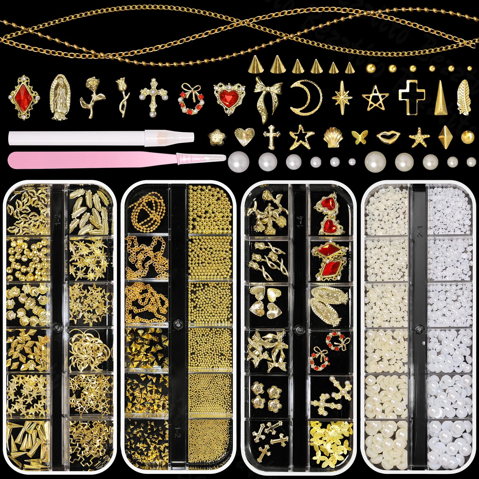 Bezztito: quatre boîtes caviar doré et perles pour des ongles élégants et personnalisables.