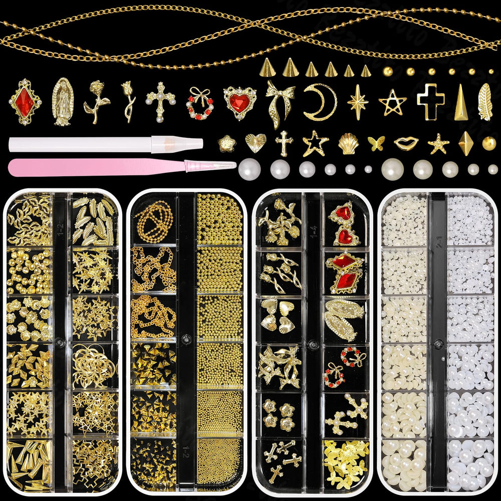 Bezztito: quatre boîtes caviar doré et perles pour des ongles élégants et personnalisables.