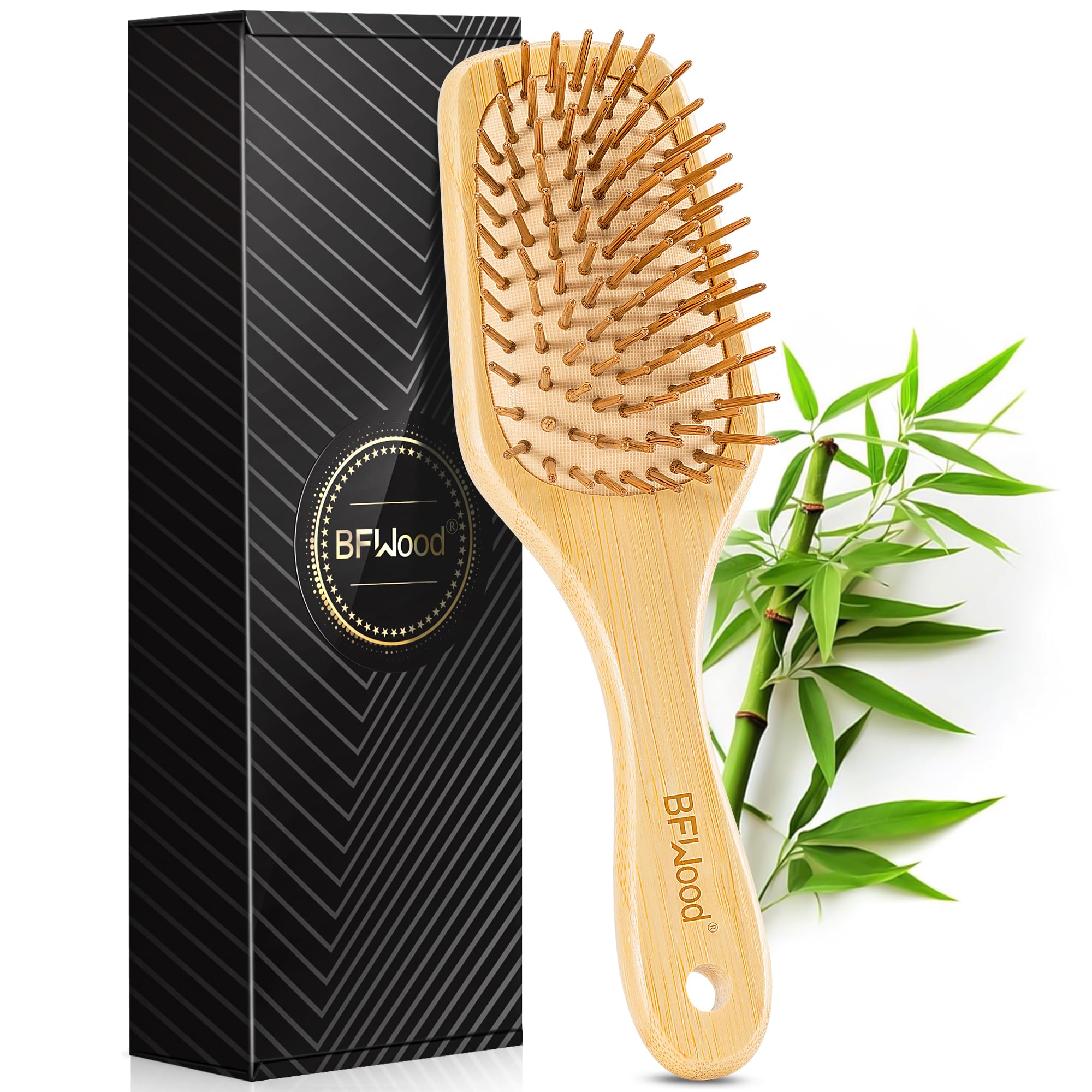 BFWood brosse paddle en bambou pour massage du cuir chevelu et démêlage en douceur