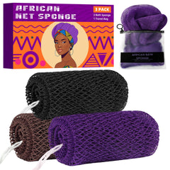 Éponge BHYTAKI en filet africain, ensemble de 3 pièces, exfolie en douceur.