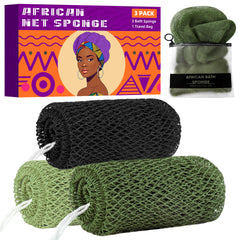 BHYTAKI éponge réseau africain authentique, ensemble 3 pièces, exfoliation douce.