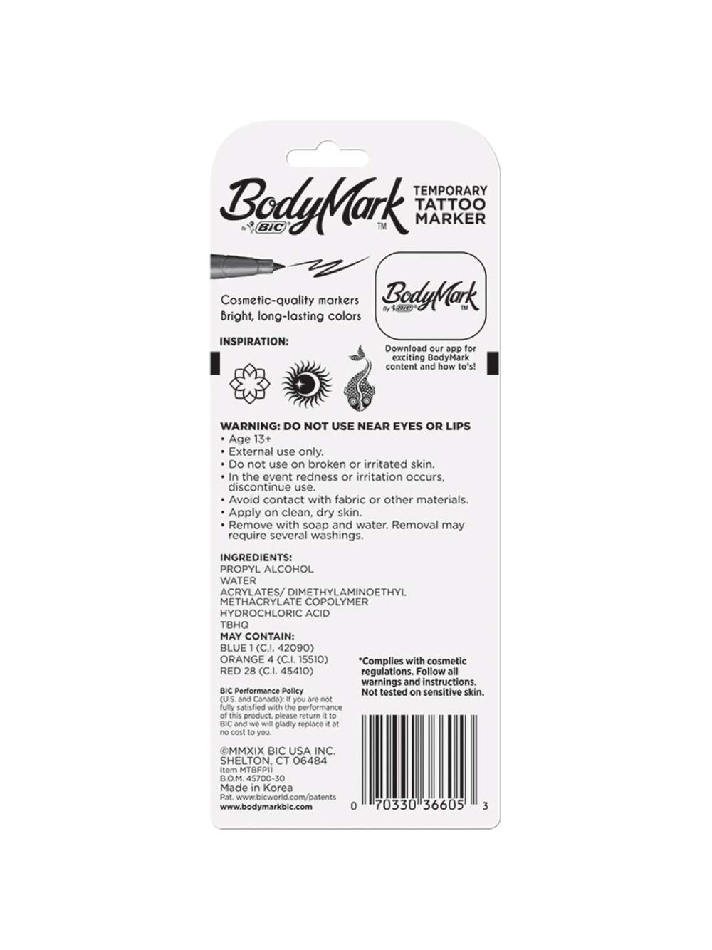 BIC BodyMark noir montre une couleur noire vive et durable pour tatouages temporaires.