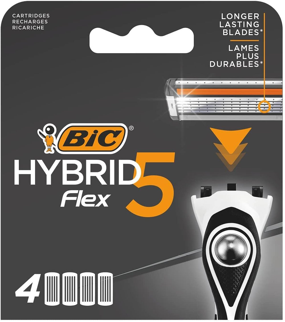 Cartouches BIC Hybrid 5 Flex – boîte contenant 4 cartouches, rasage pratique et confortable.