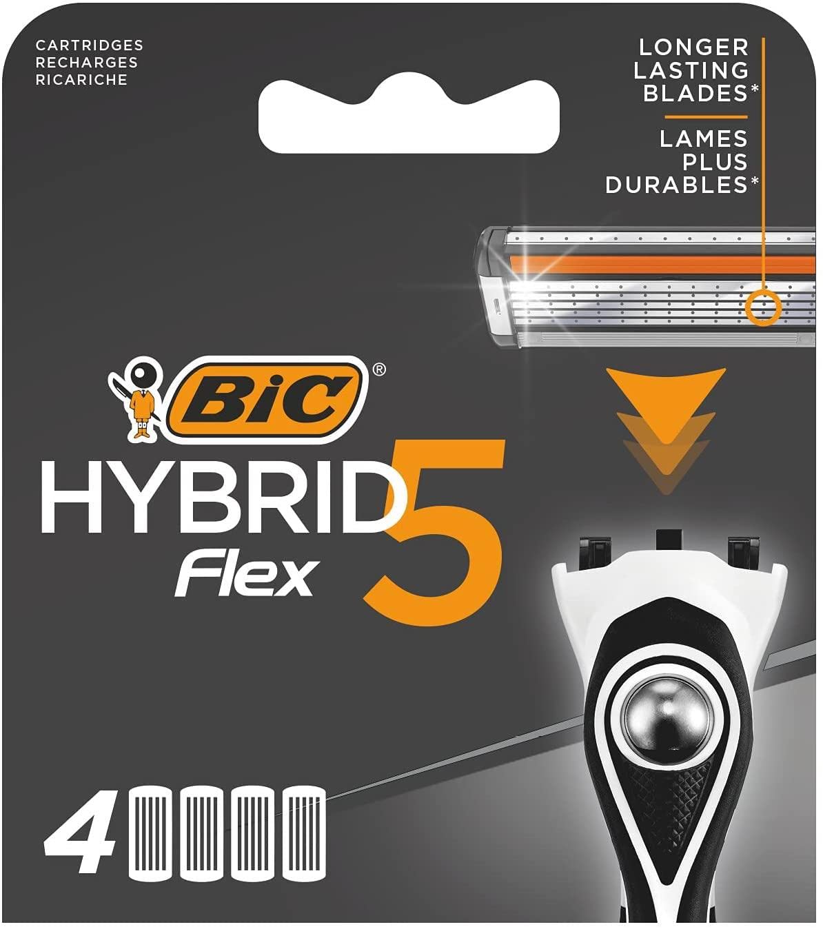 Cartouches BIC Hybrid 5 Flex – boîte contenant 4 cartouches, rasage pratique et confortable.