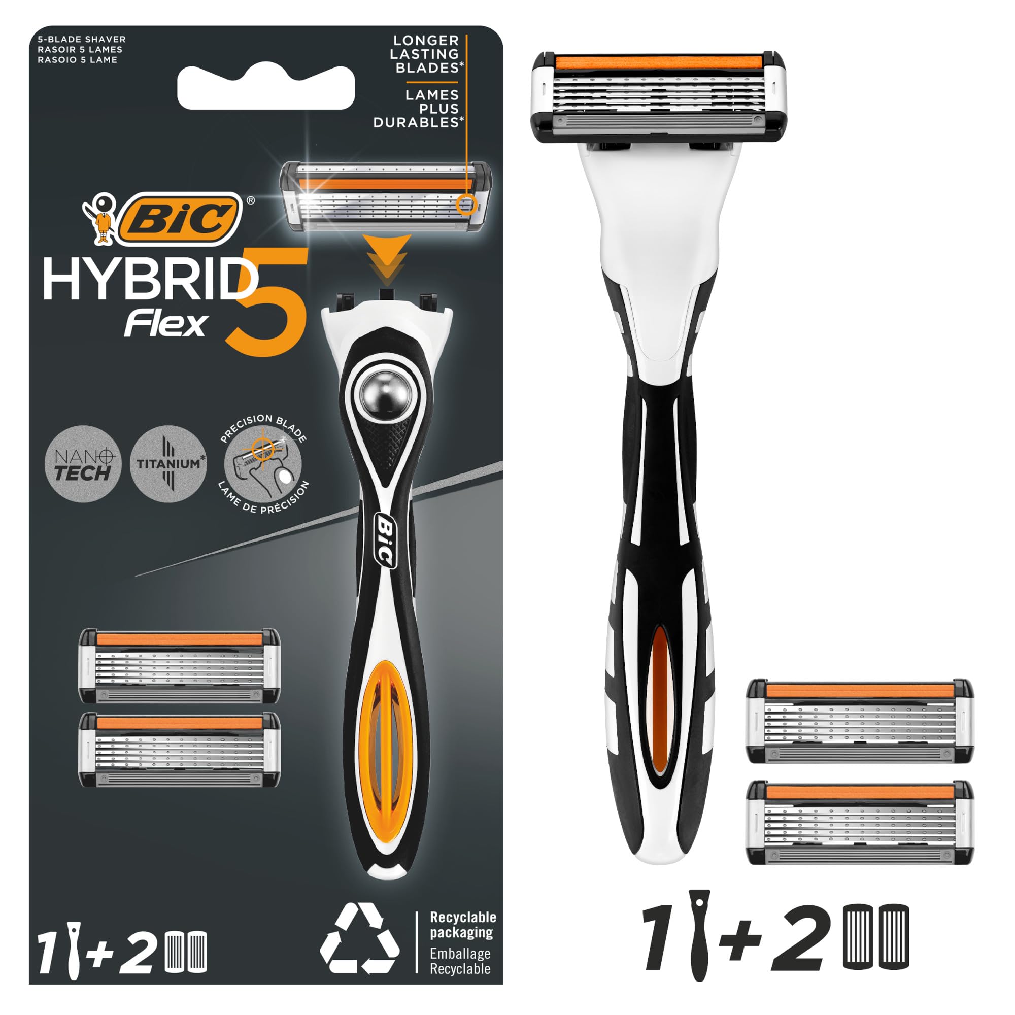 Rasoir Bic Hybrid 5 Flex, poignee equilibree, offre une prise stable pendant le rasage.