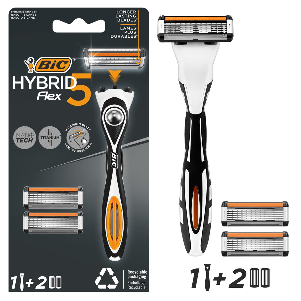 Rasoir Bic Hybrid 5 Flex, poignee equilibree, offre une prise stable pendant le rasage.