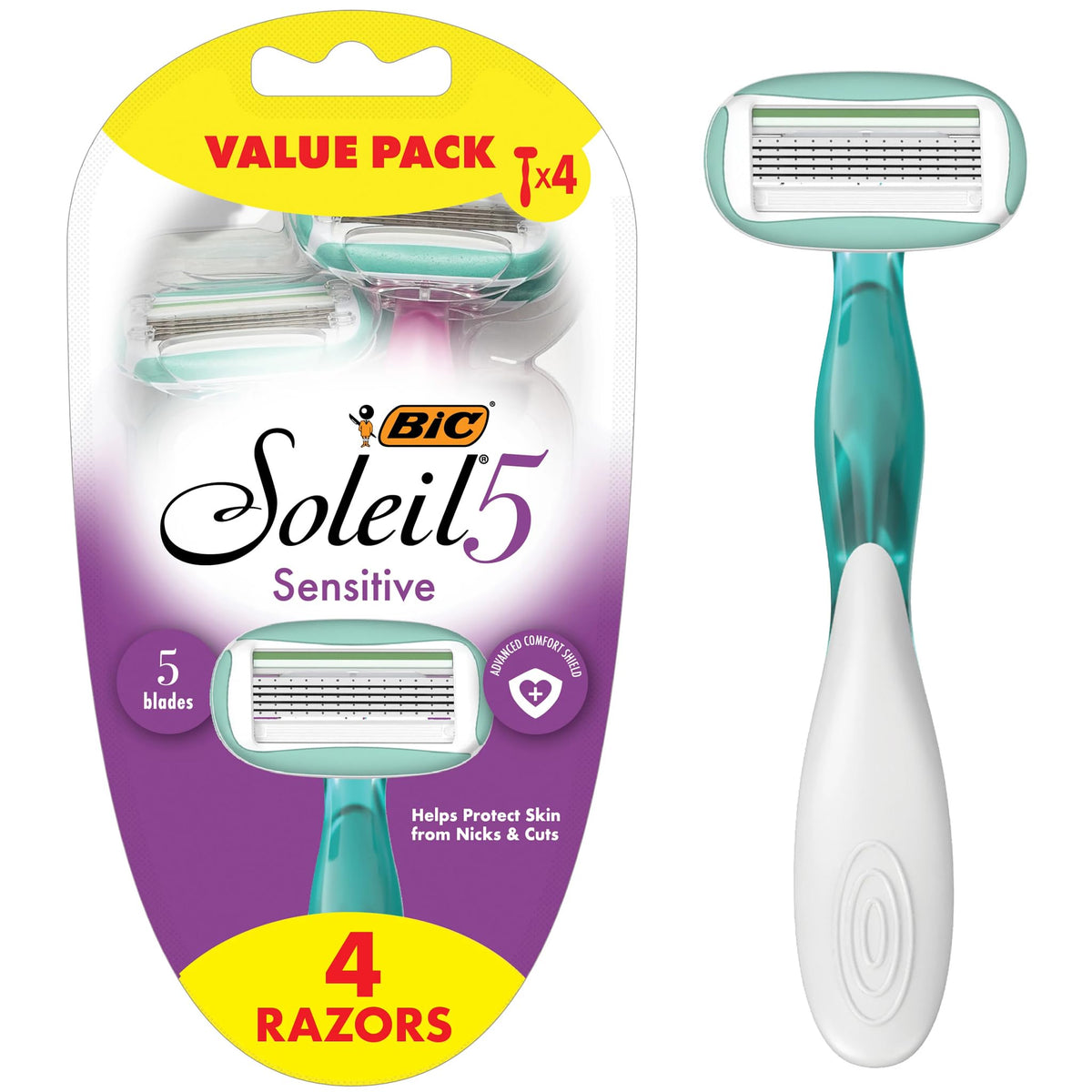 Rasoir BIC Soleil 5 Sensitive lot de 4, glisse douce et protection cutanée.