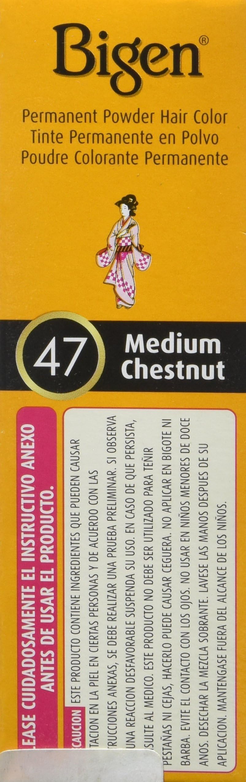 Bigen 47 chatain moyen, application sur cheveux pour un rendu uniforme.