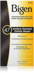Bigen 47 chatain moyen, boîte et préparation, couleur durable adaptée aux cheveux chimiquement traités.