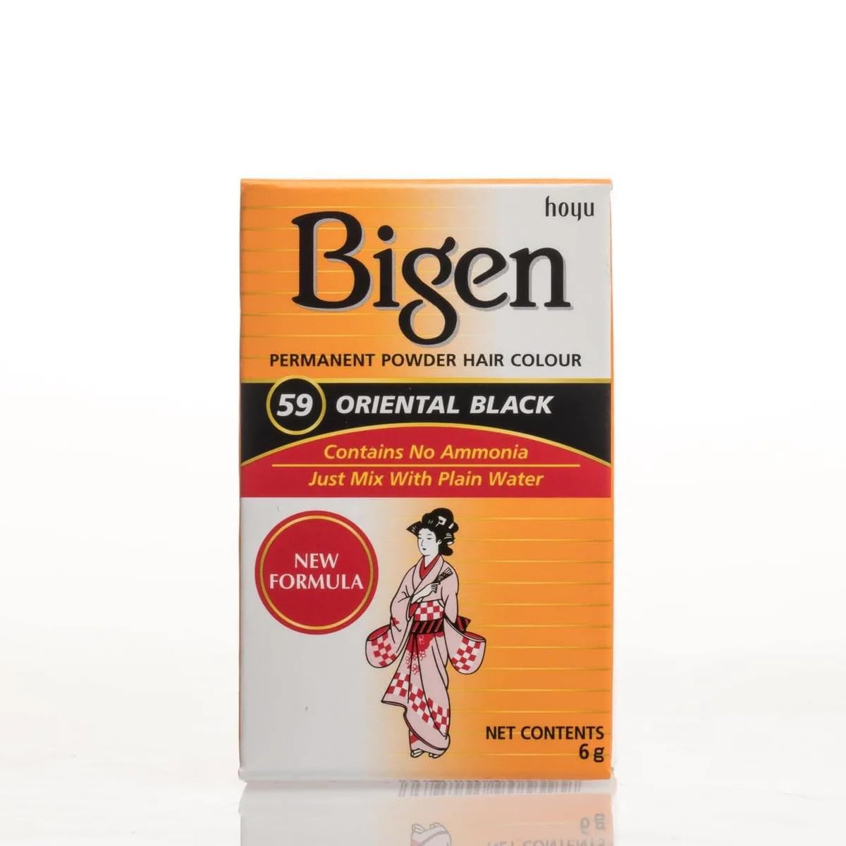 Bigen Poudre Permanente 59 Noir Oriental: mélange avec eau dépose la couleur sur cheveux gris.