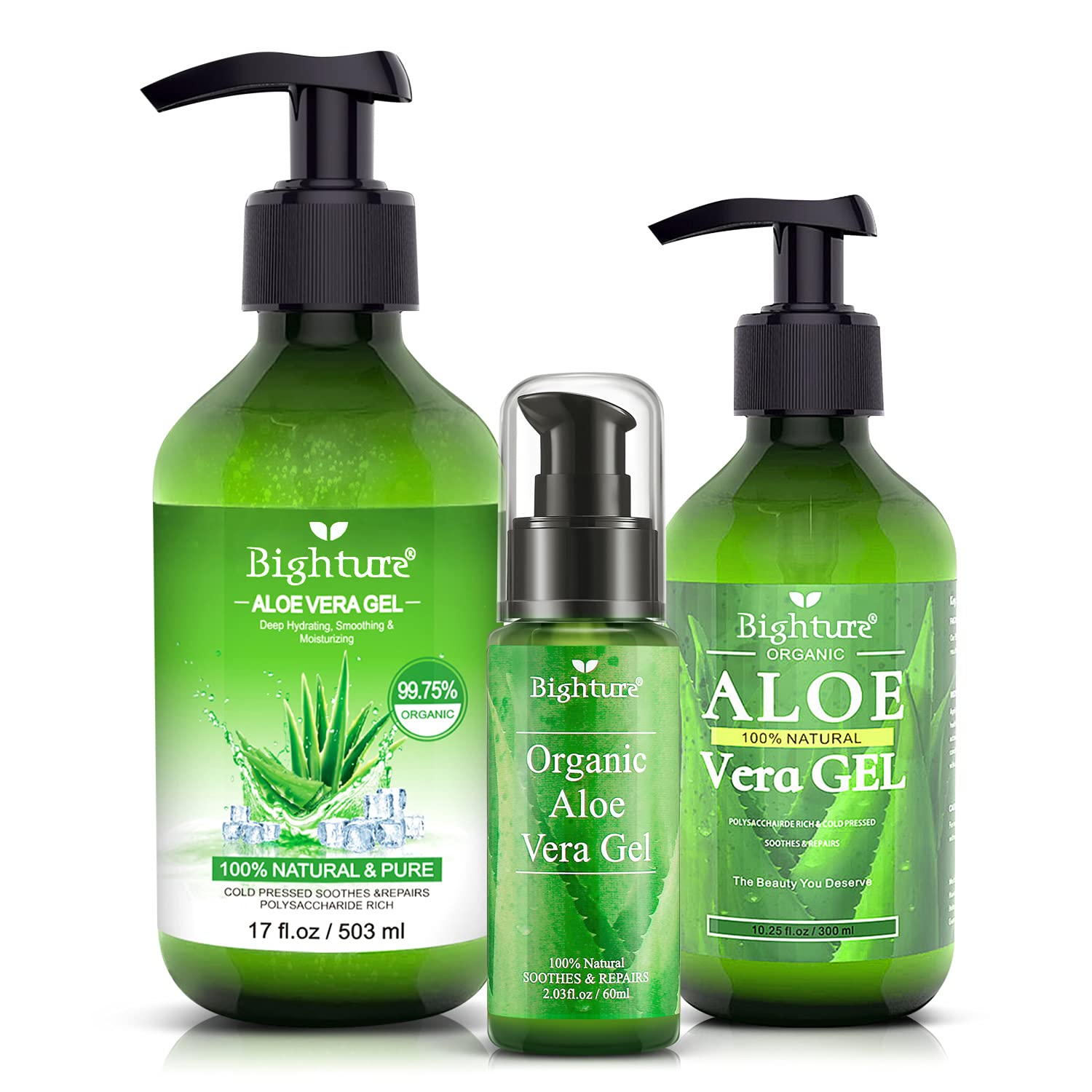 BIGHTURE Aloe Vera Gel, hydratation quotidienne pour peau et mains.
