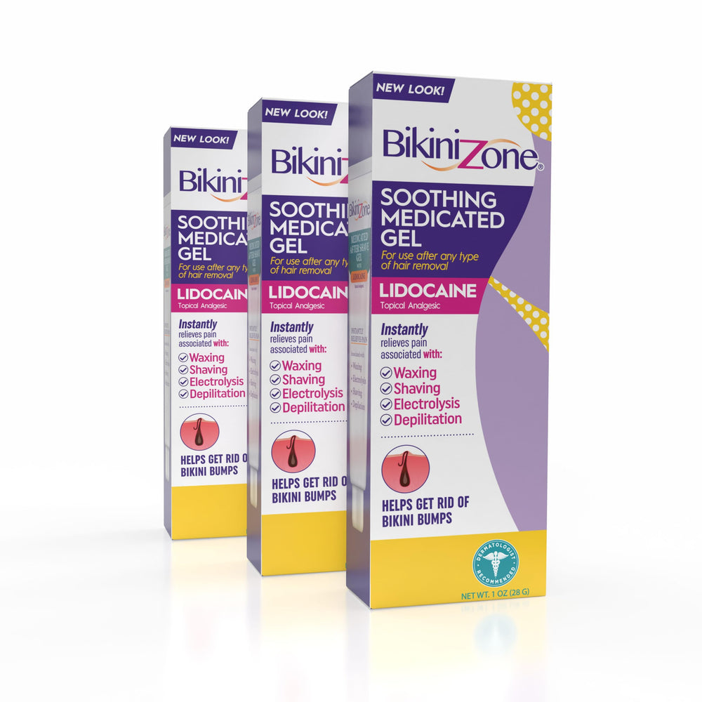 Bikini Zone medicated gel lidocaine for razor bump relief on skin.