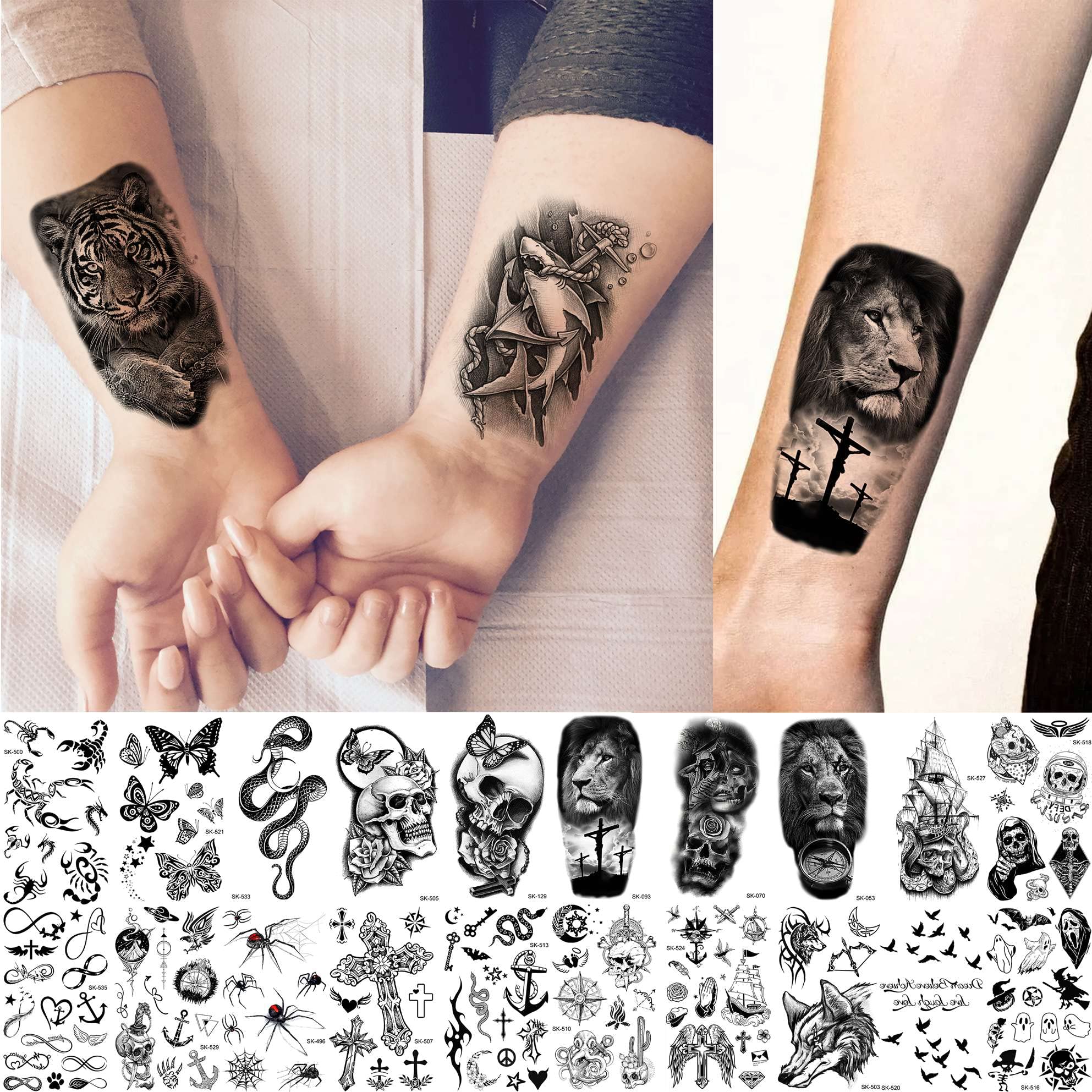 Tatouage temporaire Bilizar 3D lion et tigre, allure puissante.