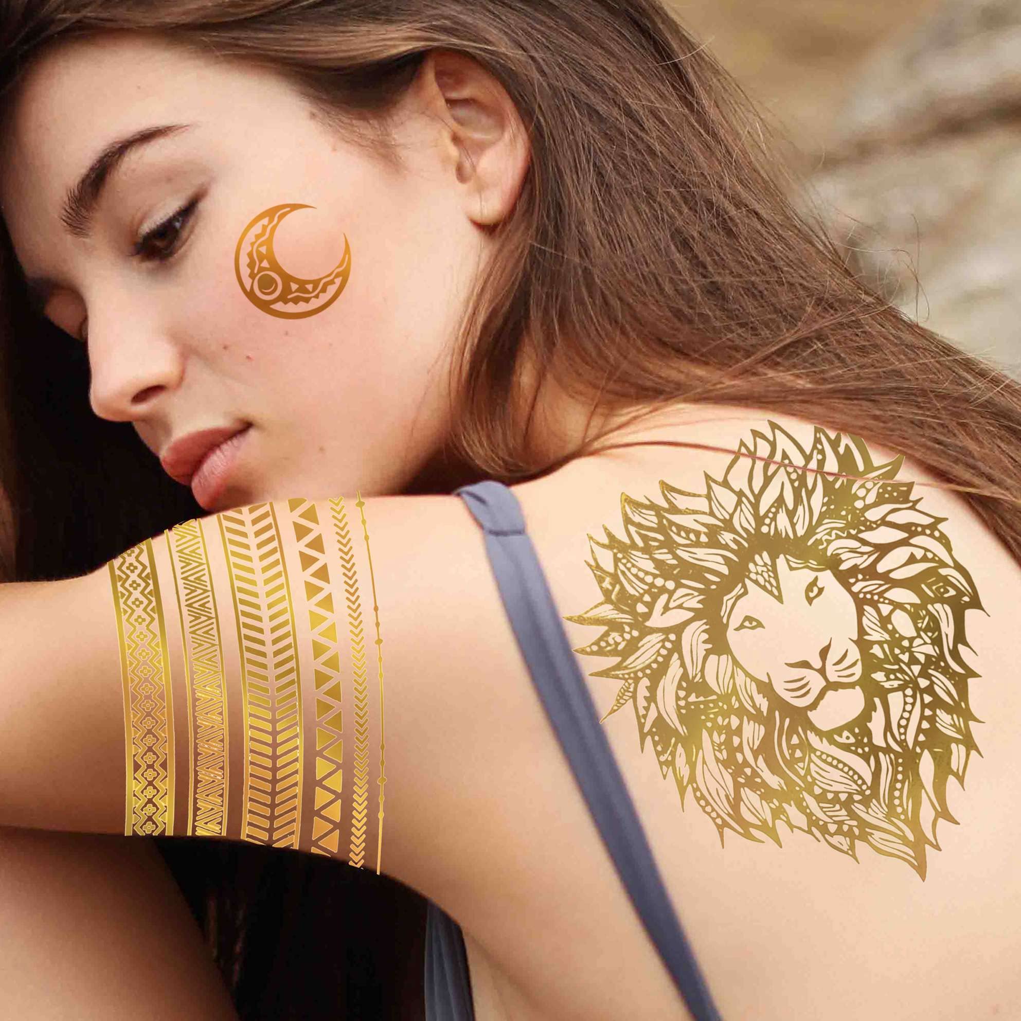 Tatouages métalliques Bilizar or – tenue longue et éclat doré.
