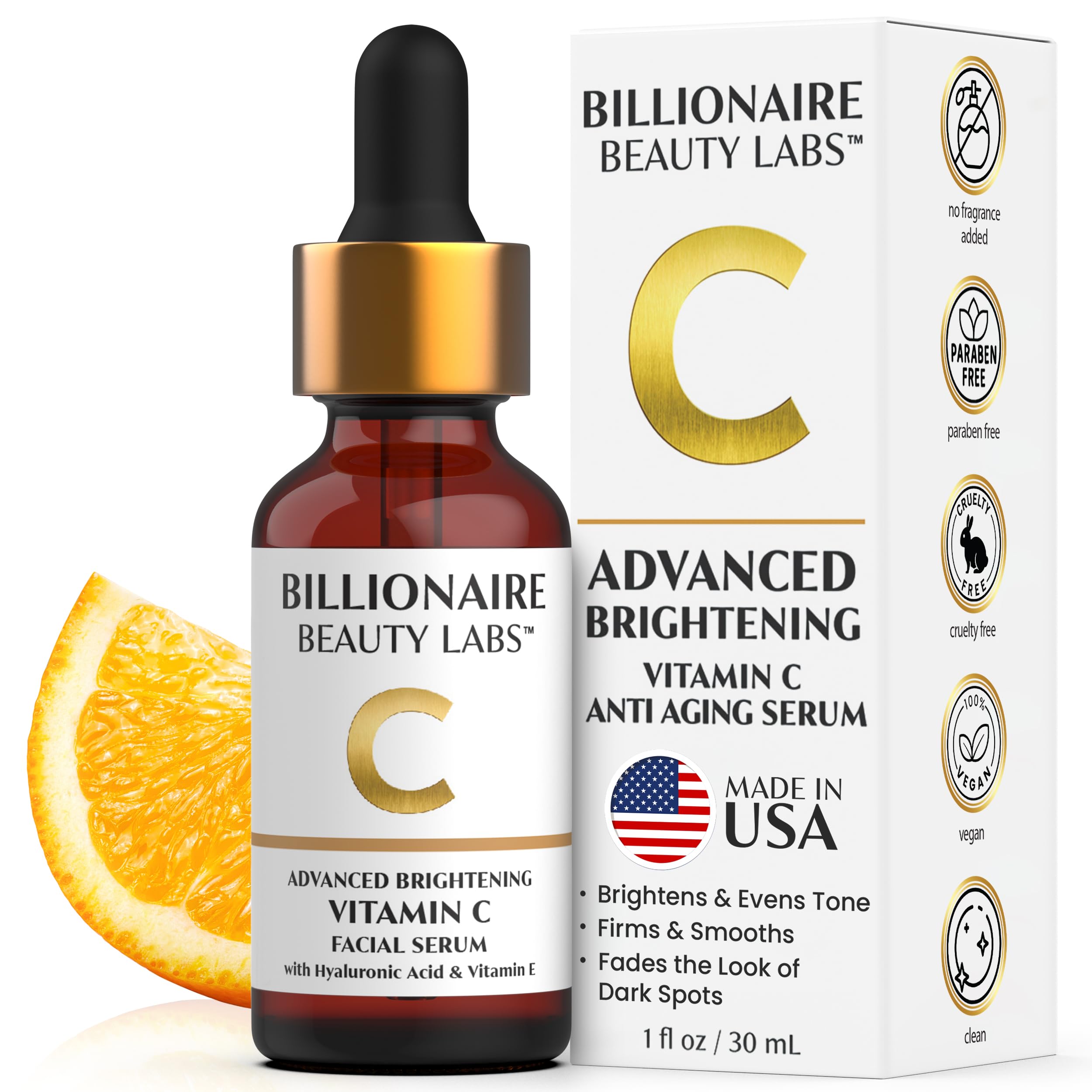 Sérum vitamine C Billionaire Beauty Labs dans sa bouteille, teint lumineux.