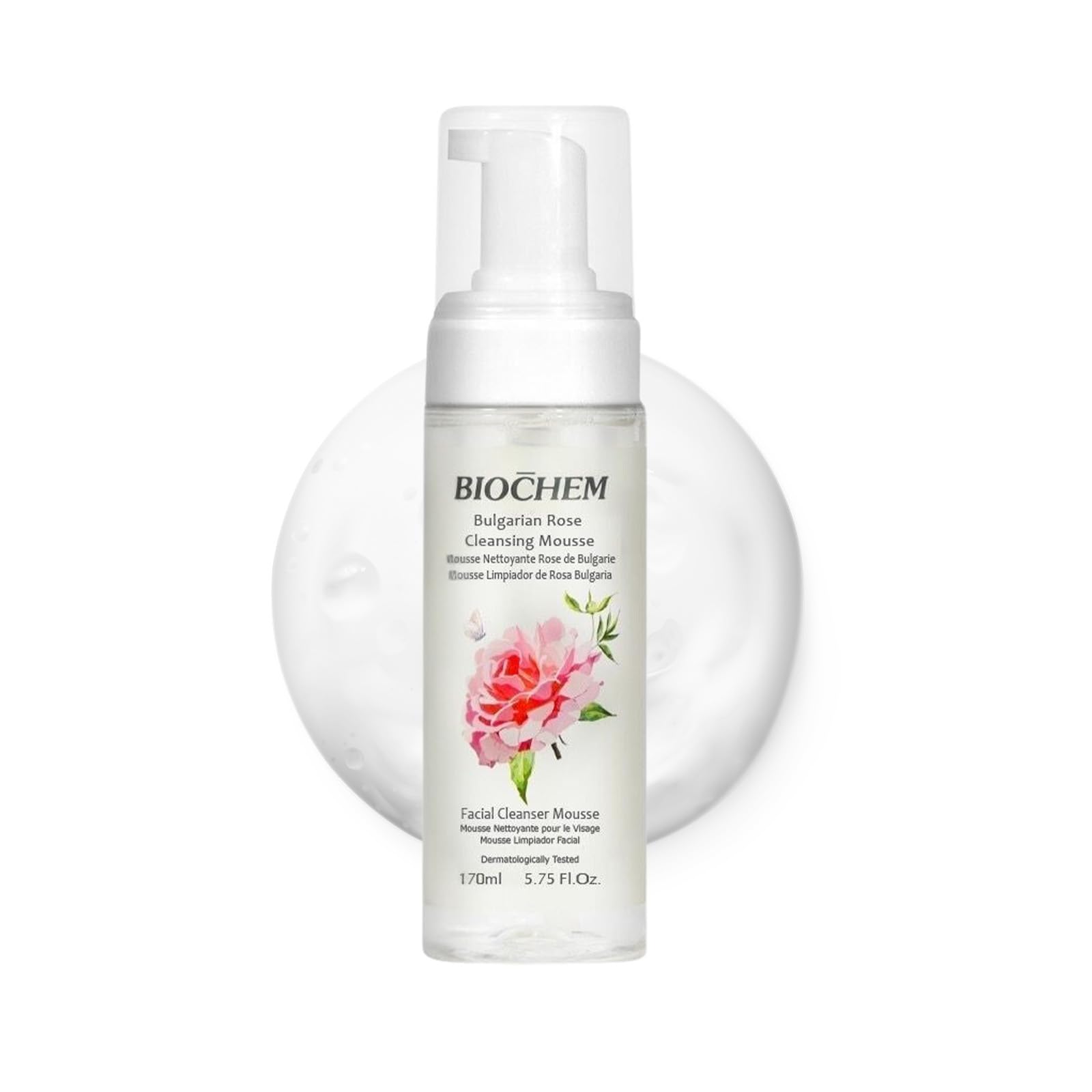 BIOCHEM – Bouteille-mousse-rose-bulgarienne pour nettoyage en douceur et hydratation.