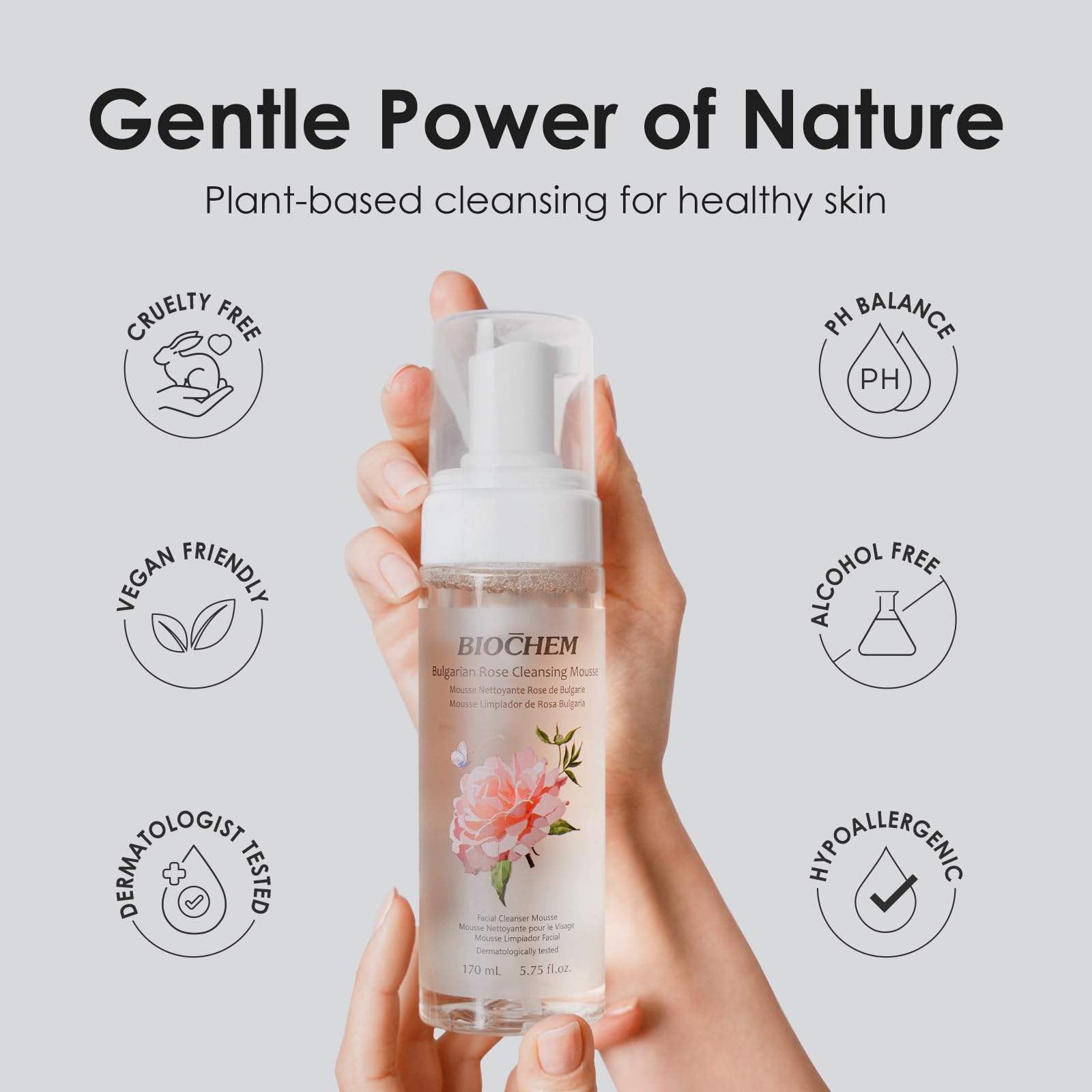 BIOCHEM – Pompe-mousse-rose-bulgarienne offre une application précise et rafraîchissante.